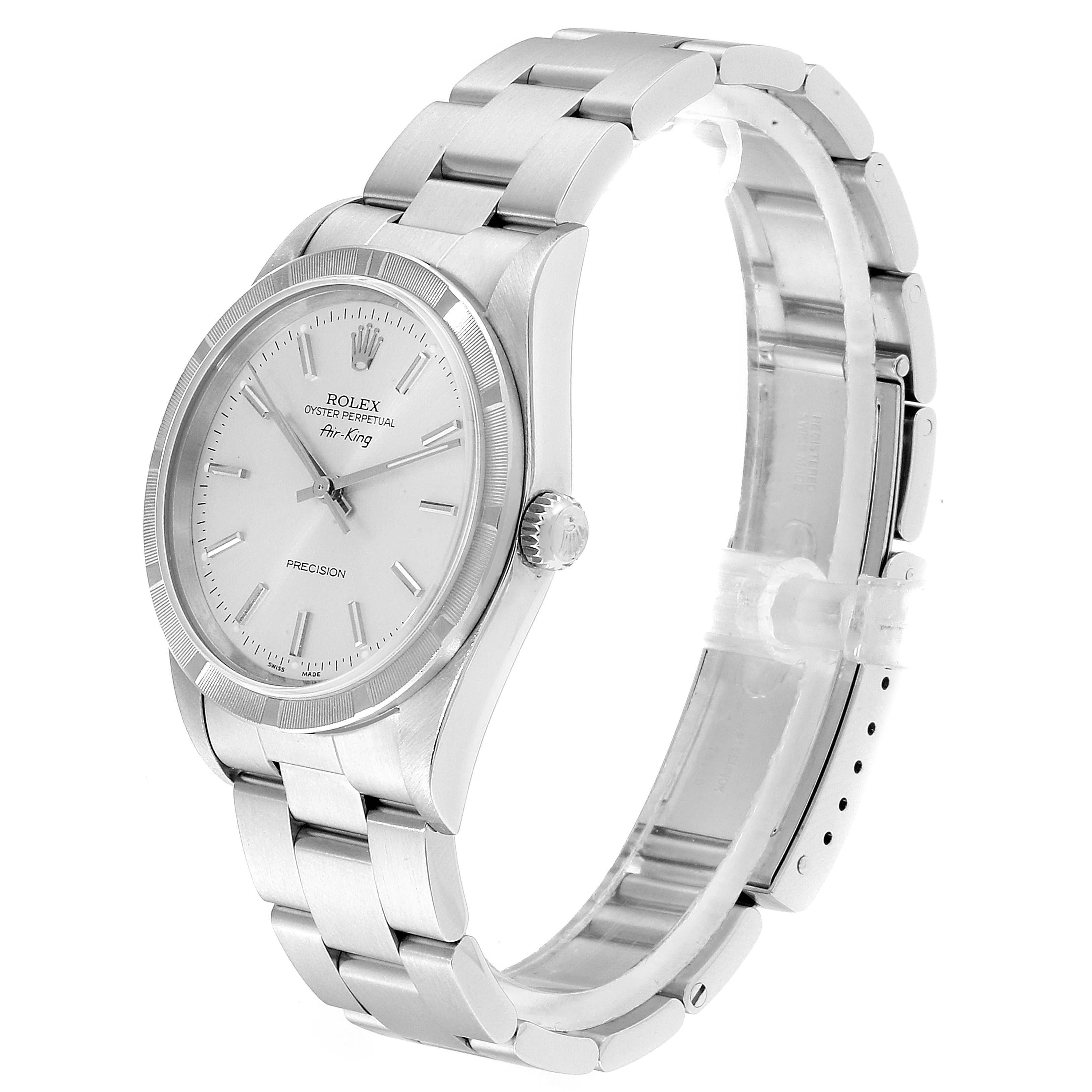 The image shows a Rolex Air-King 14010 Men's Stainless Steel Silver Dial 14010 Men's Stainless Steel Silver Dial watch from an angled side view, highlighting the watch face, bezel, crown, and bracelet.