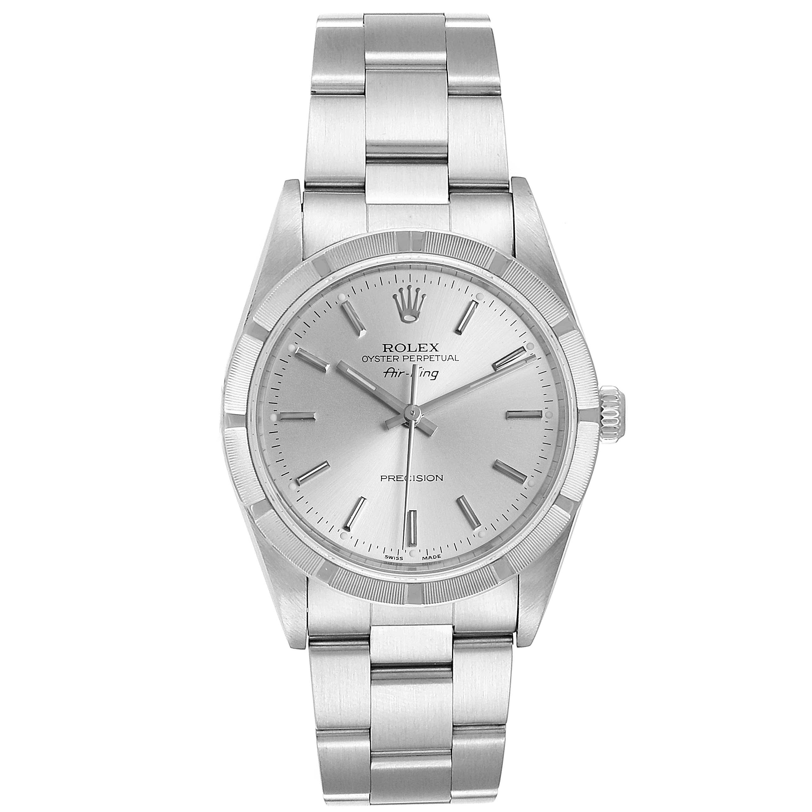 The Rolex Air-King 14010 Men's Stainless Steel Silver Dial 14010 Men's Stainless Steel Silver Dial watch is shown from a top view, displaying the full face, markers, crown, and bracelet.