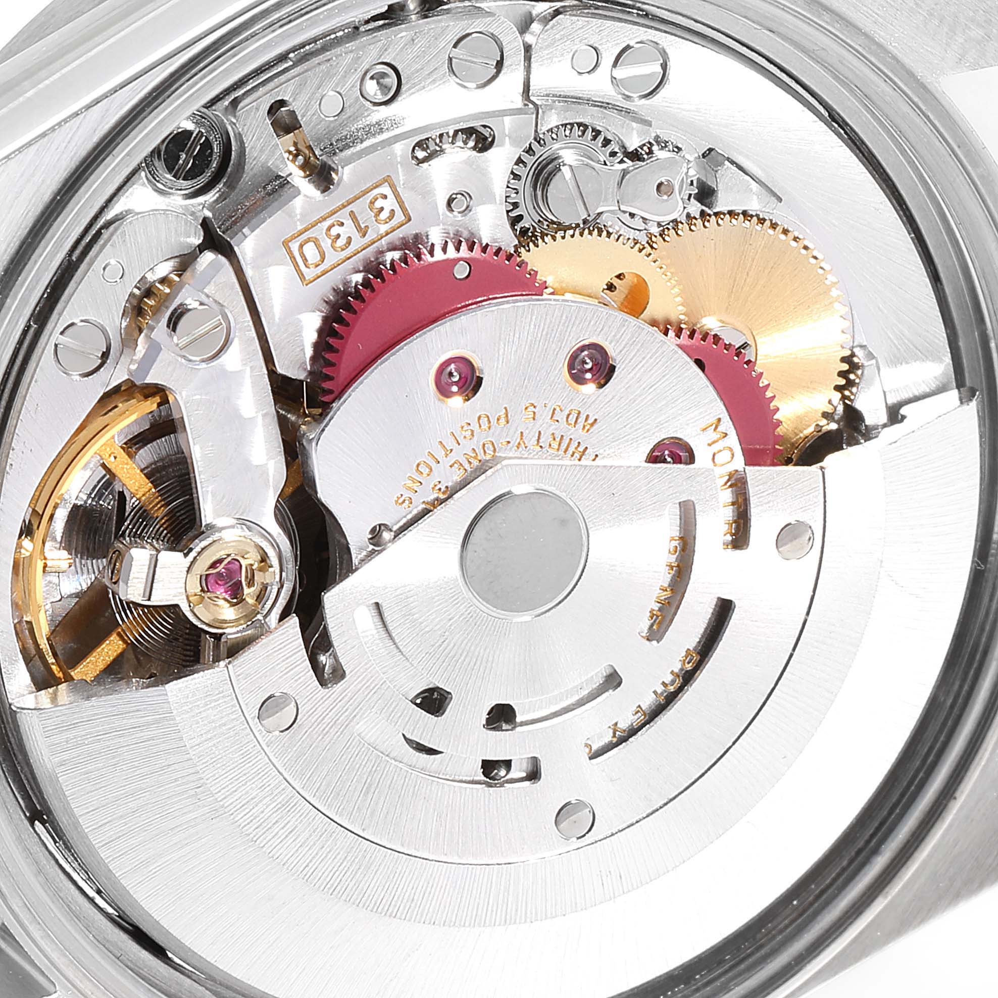 This image shows a close-up view of the movement mechanism inside the Rolex Air-King 14010 Men's Stainless Steel Silver Dial 14010 Men's Stainless Steel Silver Dial watch.