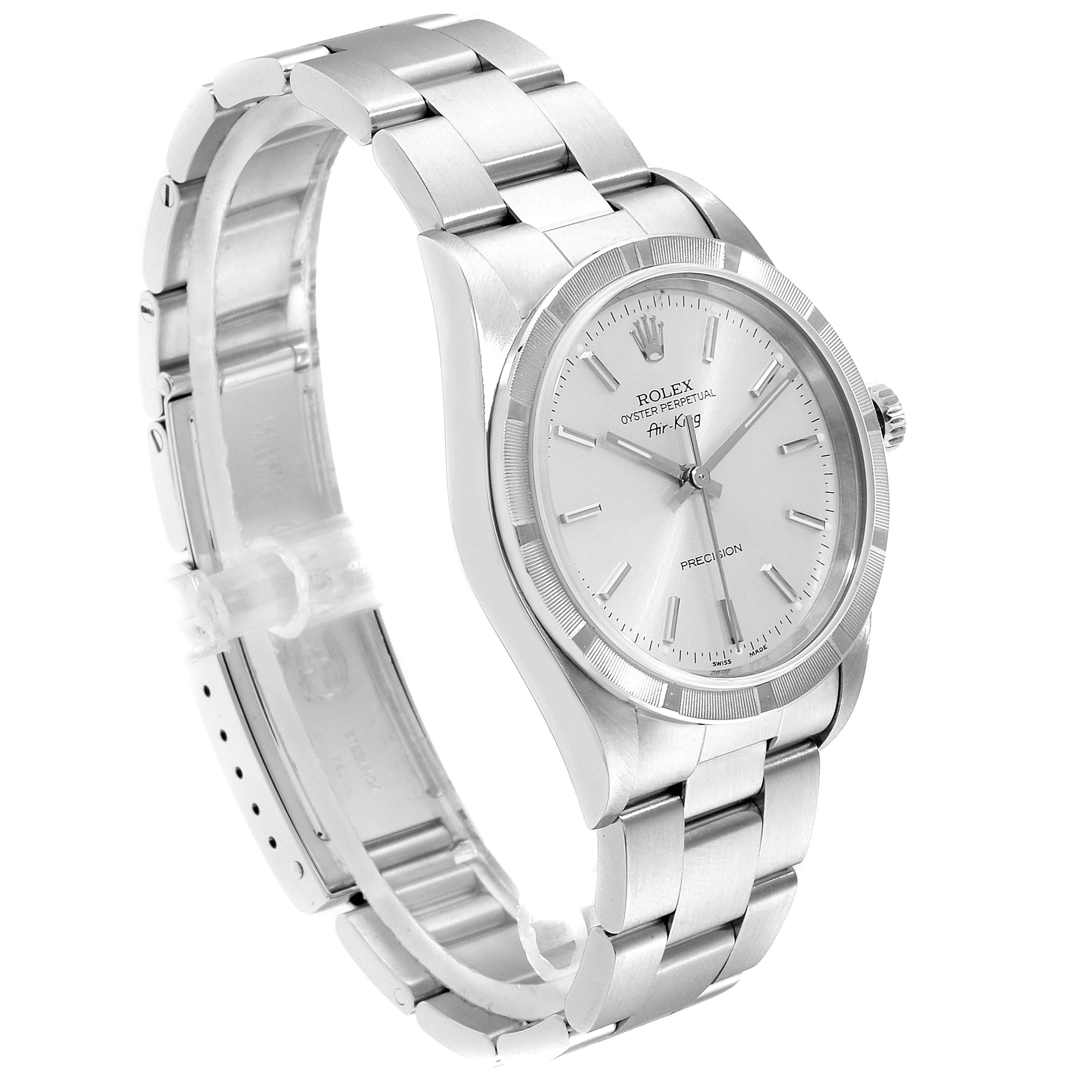 The image shows a Rolex Air-King 14010 Men's Stainless Steel Silver Dial 14010 Men's Stainless Steel Silver Dial watch angled slightly from the right, revealing its dial, case, and bracelet.