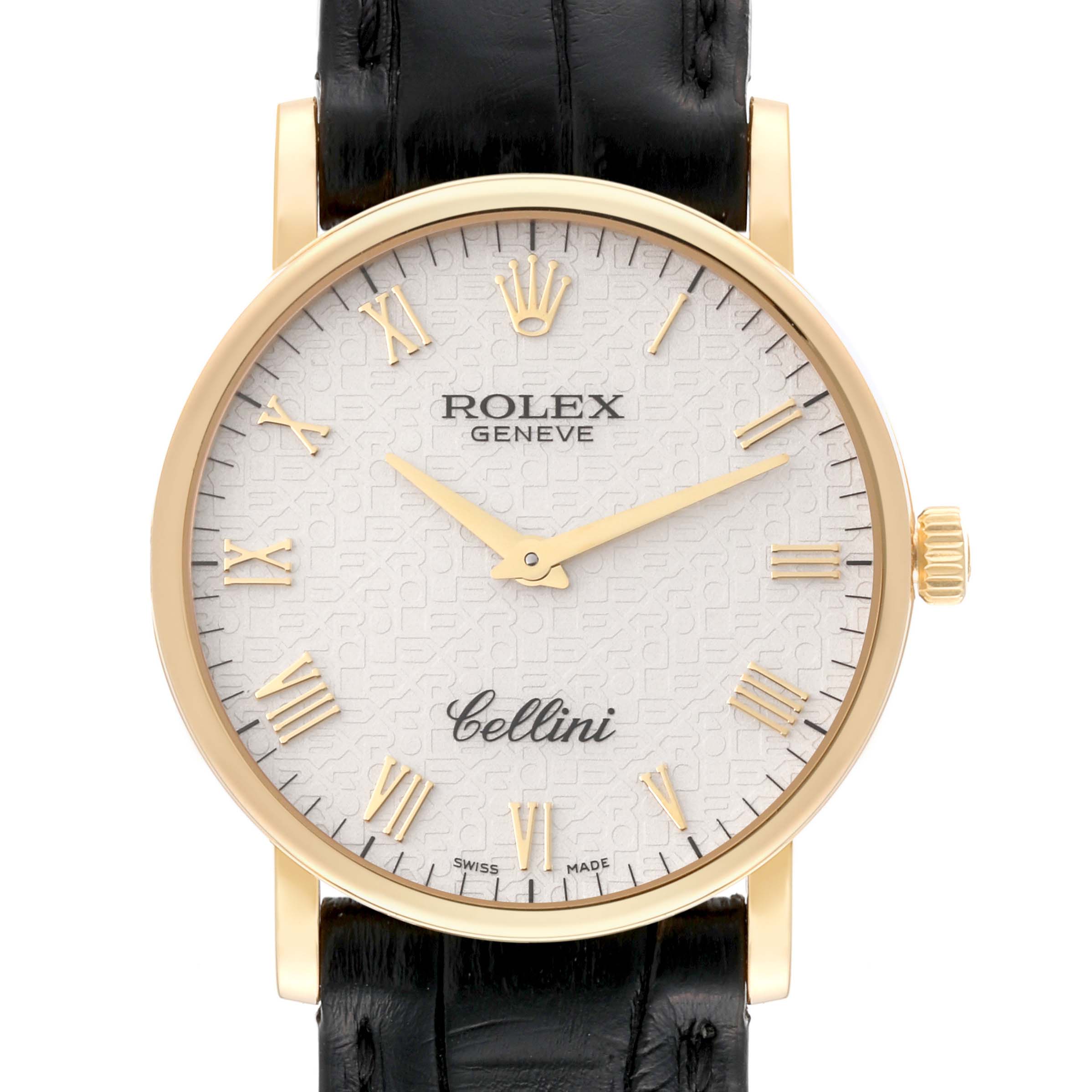 The Rolex Cellini 5115 Men's Yellow Gold White Dial 5115 Men's Yellow Gold White Dial watch is shown from a front angle, featuring the dial, hands, case, and black leather strap.