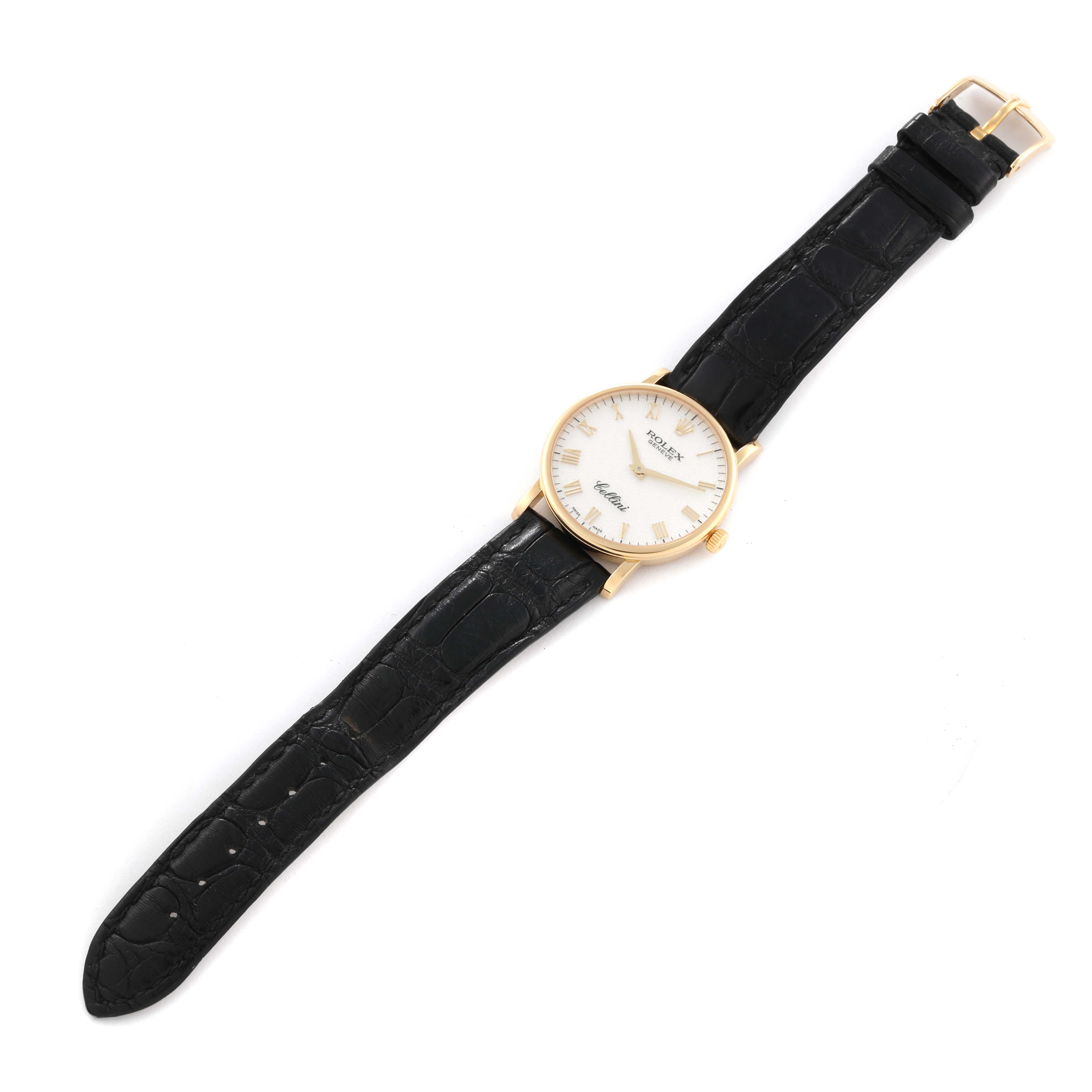 The image shows a Rolex Cellini 5115 Men's Yellow Gold White Dial 5115 Men's Yellow Gold White Dial watch from a top-down view, displaying the full face and strap.