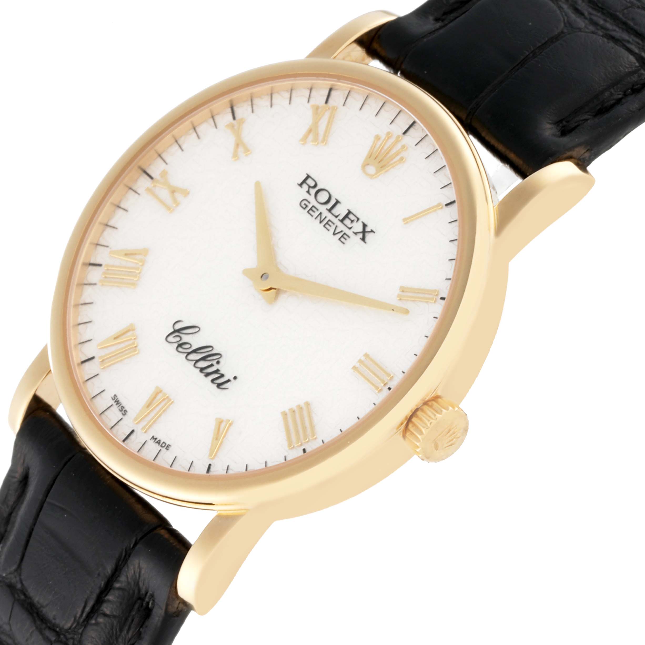 The image shows a Rolex Cellini 5115 Men's Yellow Gold White Dial 5115 Men's Yellow Gold White Dial watch at an angled close-up, highlighting its dial, crown, and part of the black leather strap.