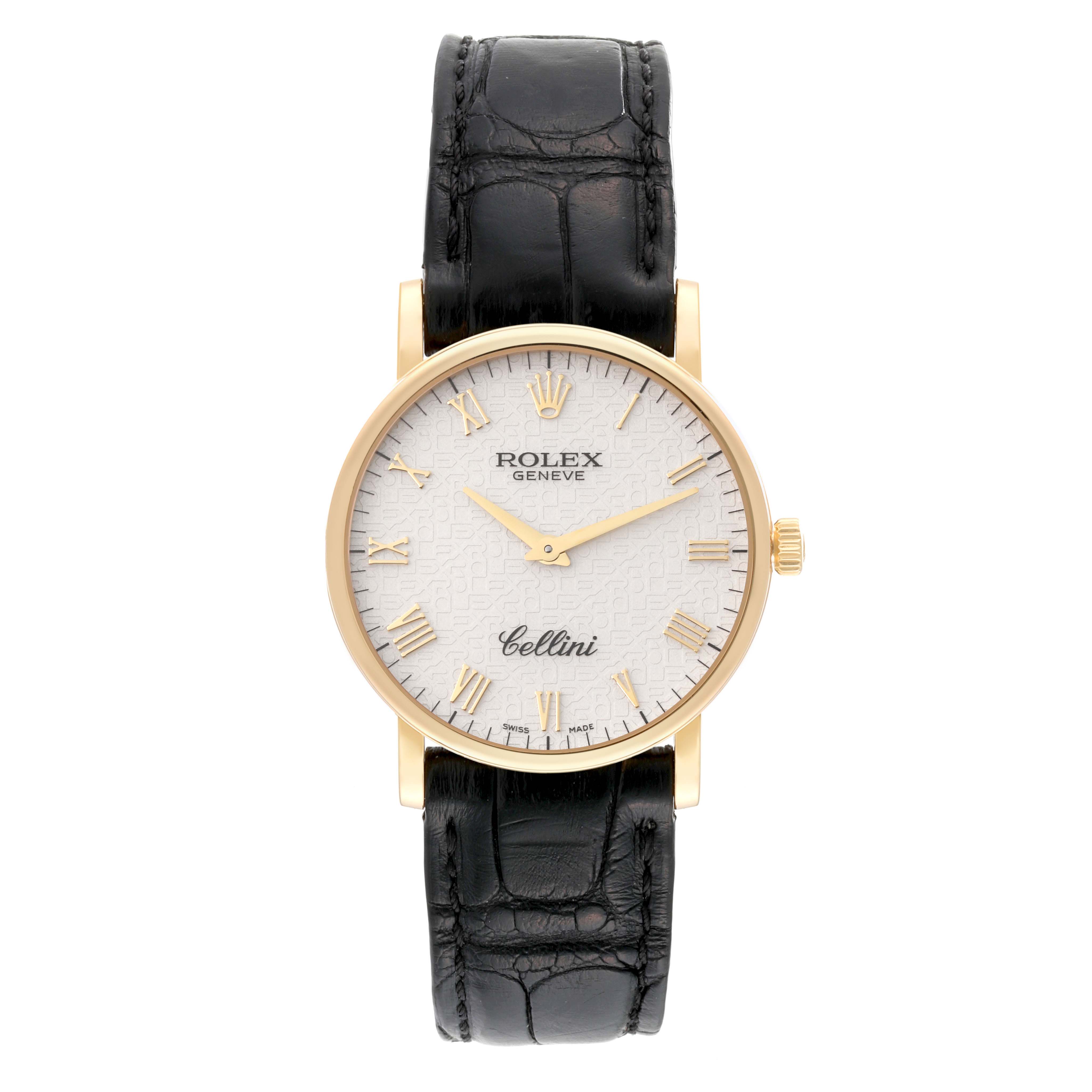 The image shows a front view of a Rolex Cellini 5115 Men's Yellow Gold White Dial 5115 Men's Yellow Gold White Dial watch with a black leather strap and gold case.
