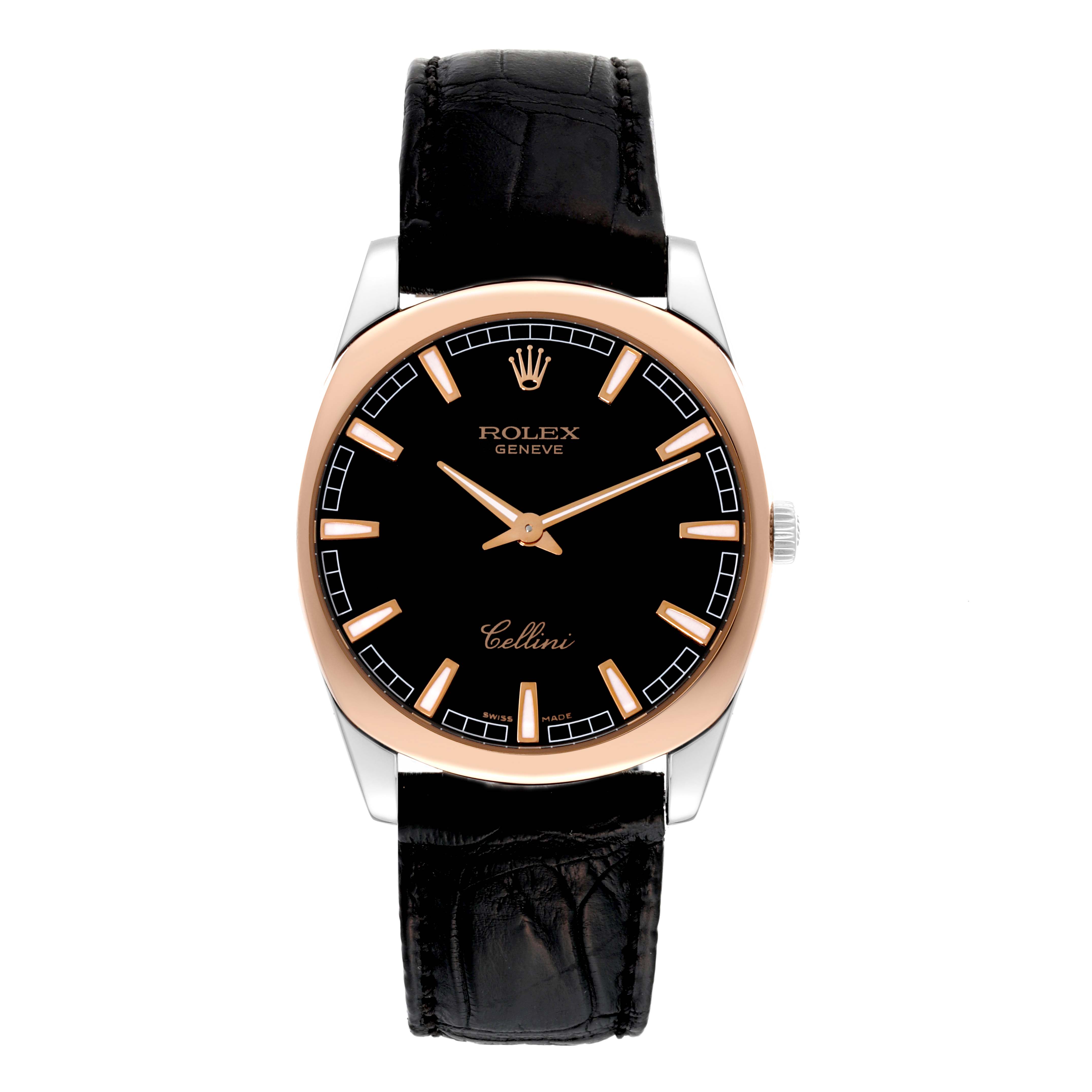 This image shows a front view of the Rolex Cellini 4243 Men's White Gold Black Dial 4243 Men's White Gold Black Dial watch, highlighting the black dial, gold markers, and leather strap.