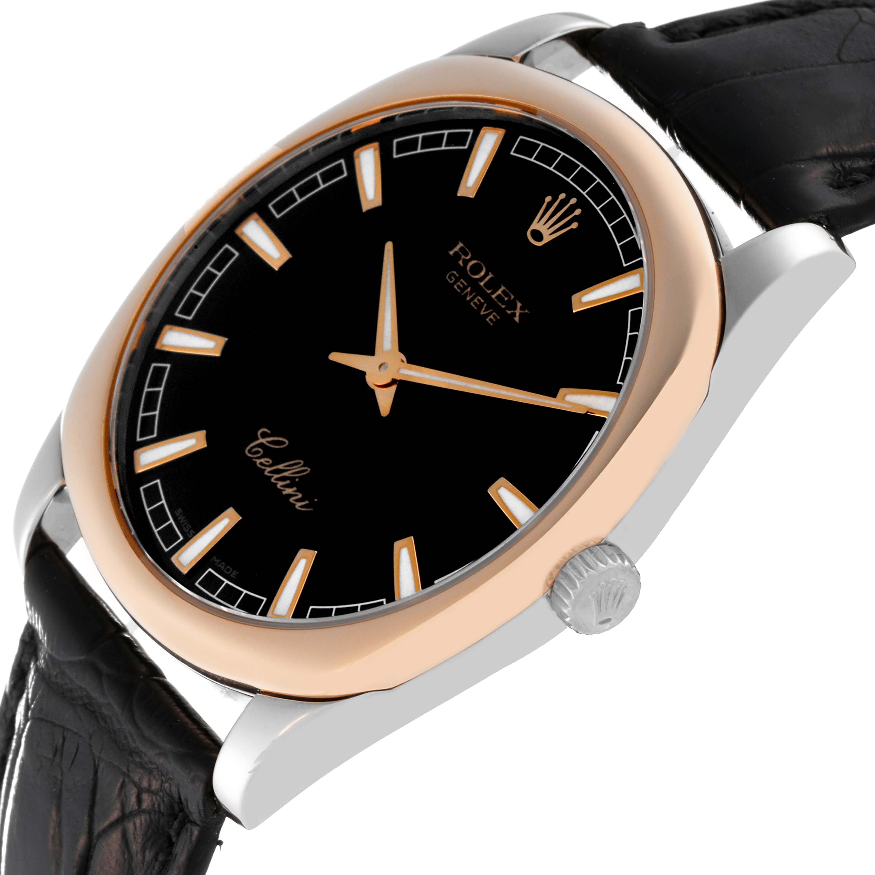 The Rolex Cellini 4243 Men's White Gold Black Dial 4243 Men's White Gold Black Dial watch is shown at a slight angle, displaying the dial, crown, case, and part of the leather strap.