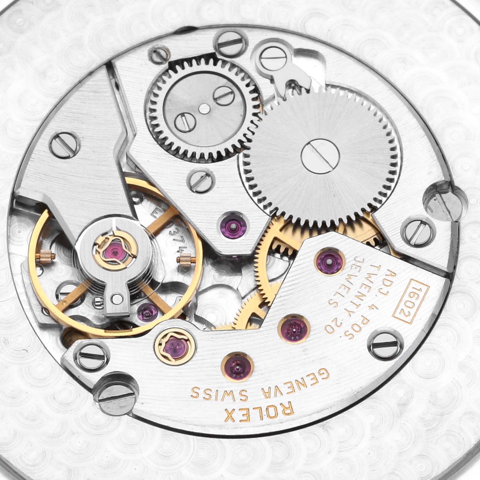 This image shows the internal mechanical movement of a Rolex Cellini 4243 Men's White Gold Black Dial 4243 Men's White Gold Black Dial watch, highlighting gears, screws, and jewels.
