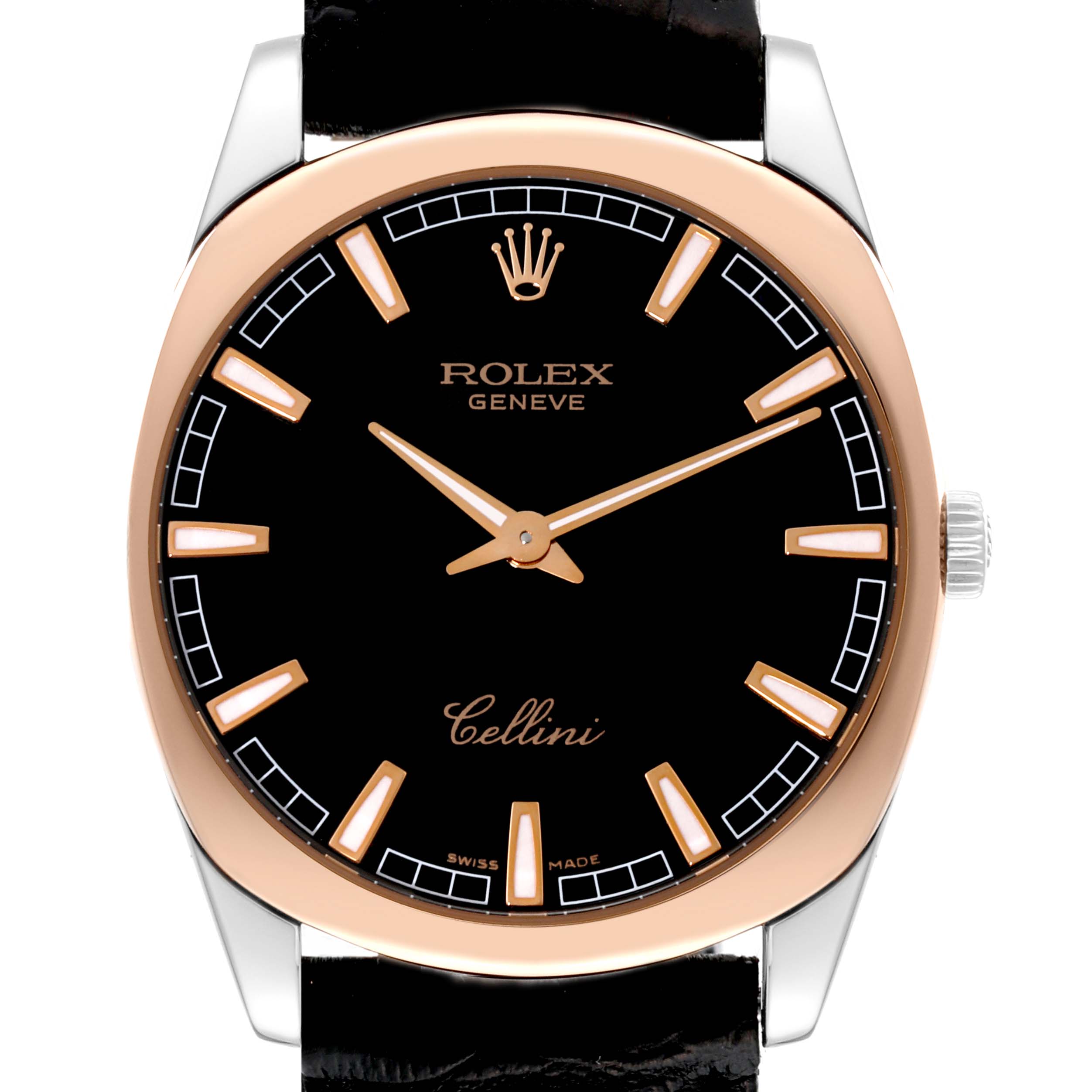 This image shows a front view of the Rolex Cellini 4243 Men's White Gold Black Dial 4243 Men's White Gold Black Dial watch, highlighting its dial, hands, brand logo, and crown.