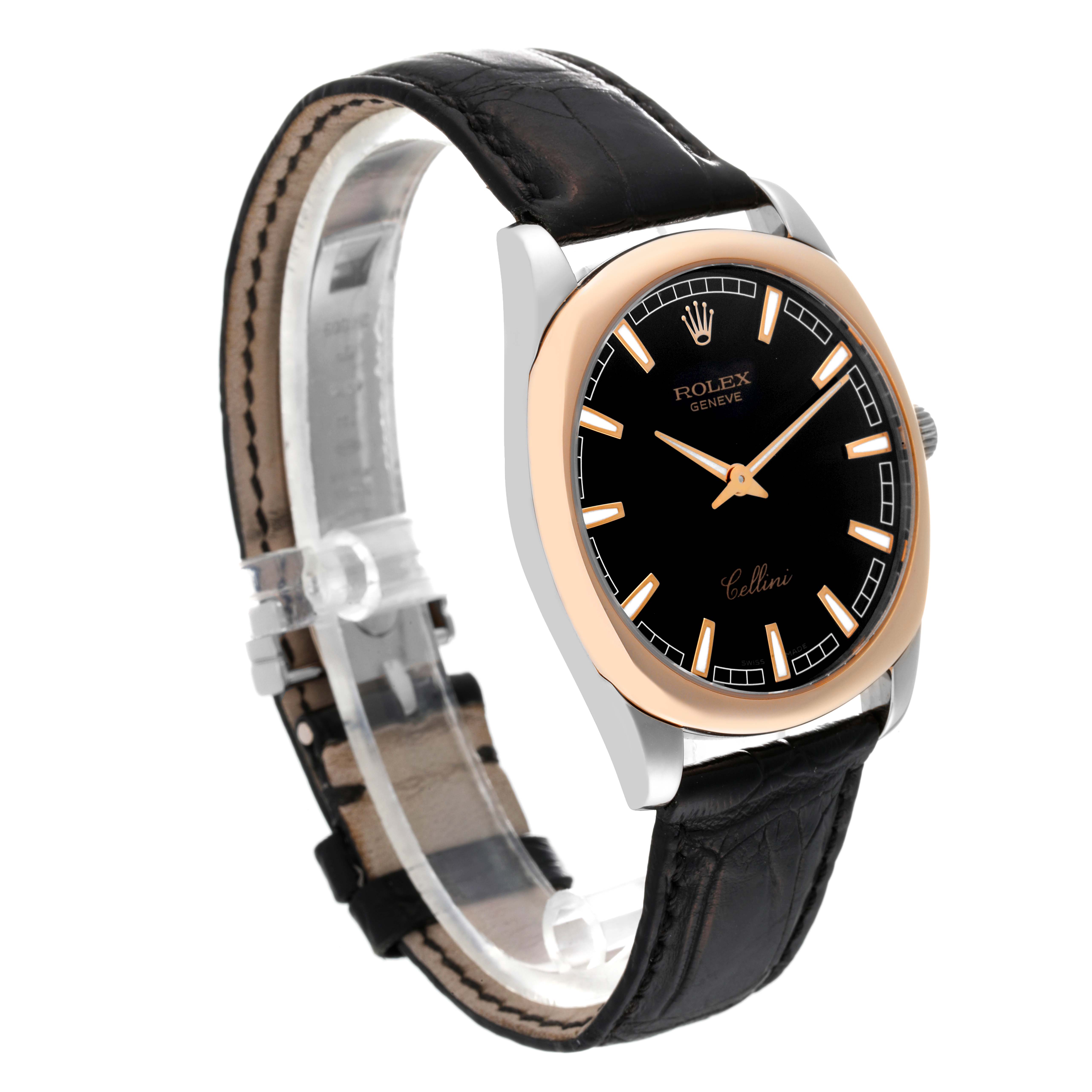 The image shows a Rolex Cellini 4243 Men's White Gold Black Dial 4243 Men's White Gold Black Dial watch from an angled view, highlighting its black dial, gold hour markers, and leather strap.