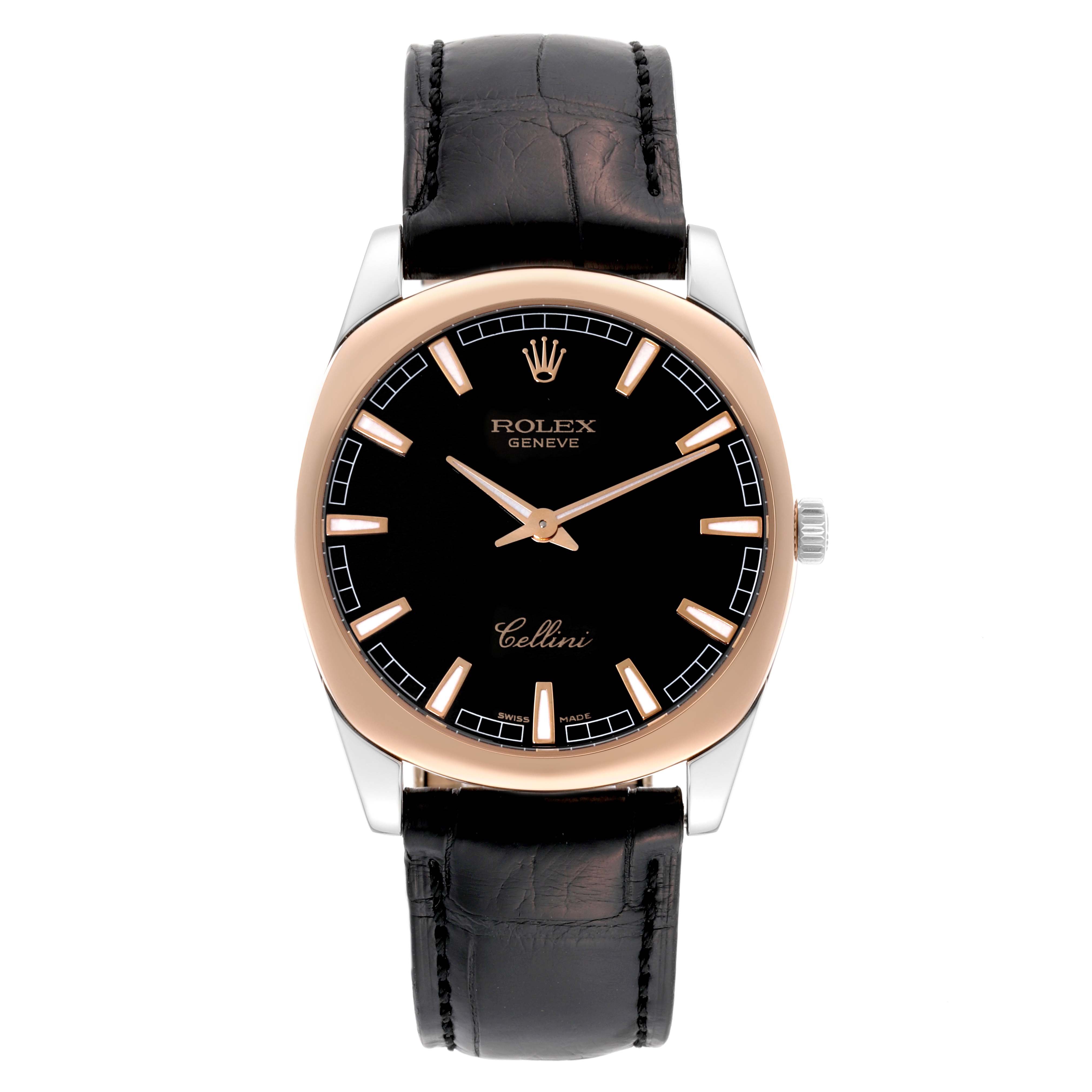 The image shows a Rolex Cellini 4243 Men's White Gold Black Dial 4243 Men's White Gold Black Dial watch from a front angle, featuring a black dial, rose gold bezel, and black leather strap.