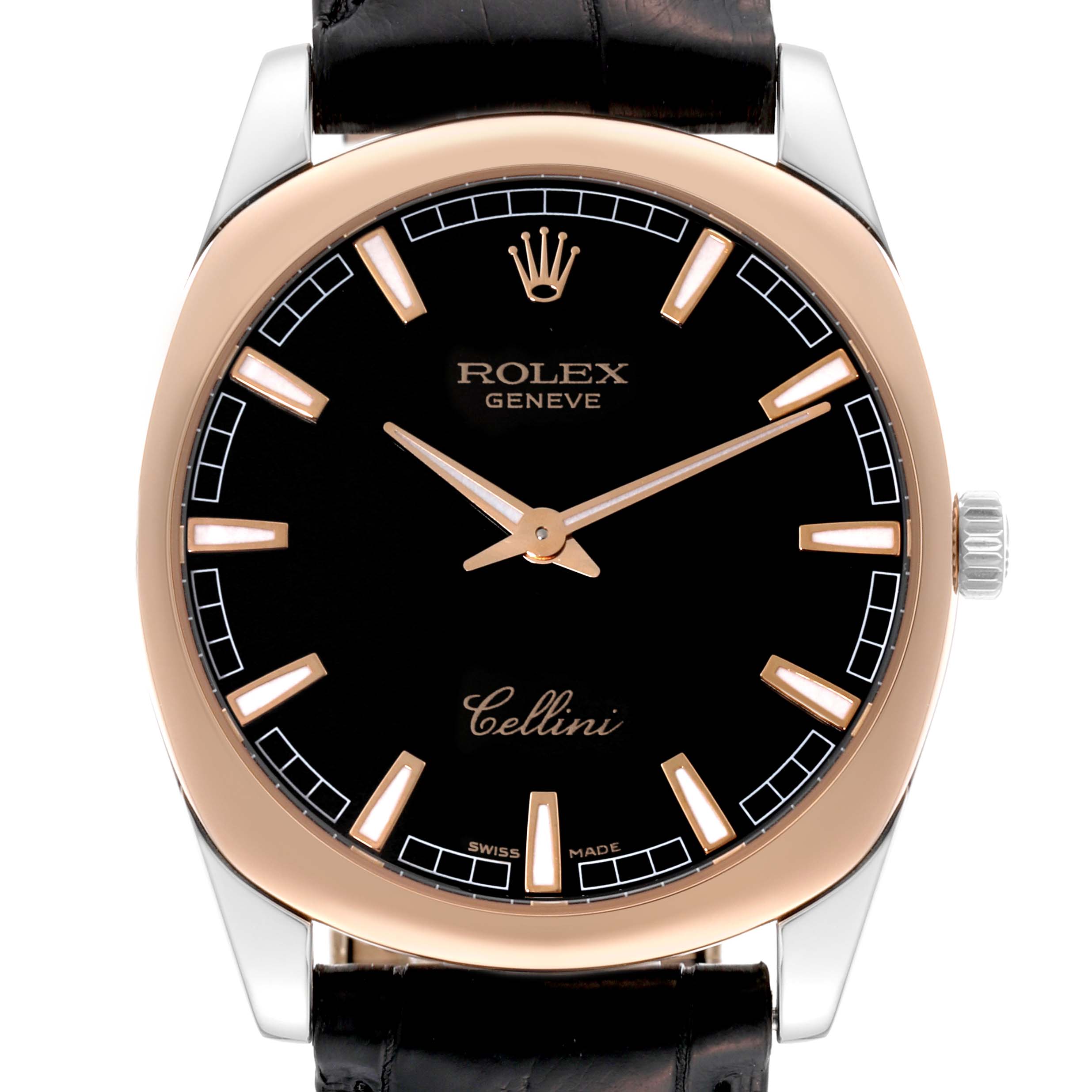 This image shows a front view of a Rolex Cellini 4243 Men's White Gold Black Dial 4243 Men's White Gold Black Dial watch, highlighting its face, dial, crown, and strap.