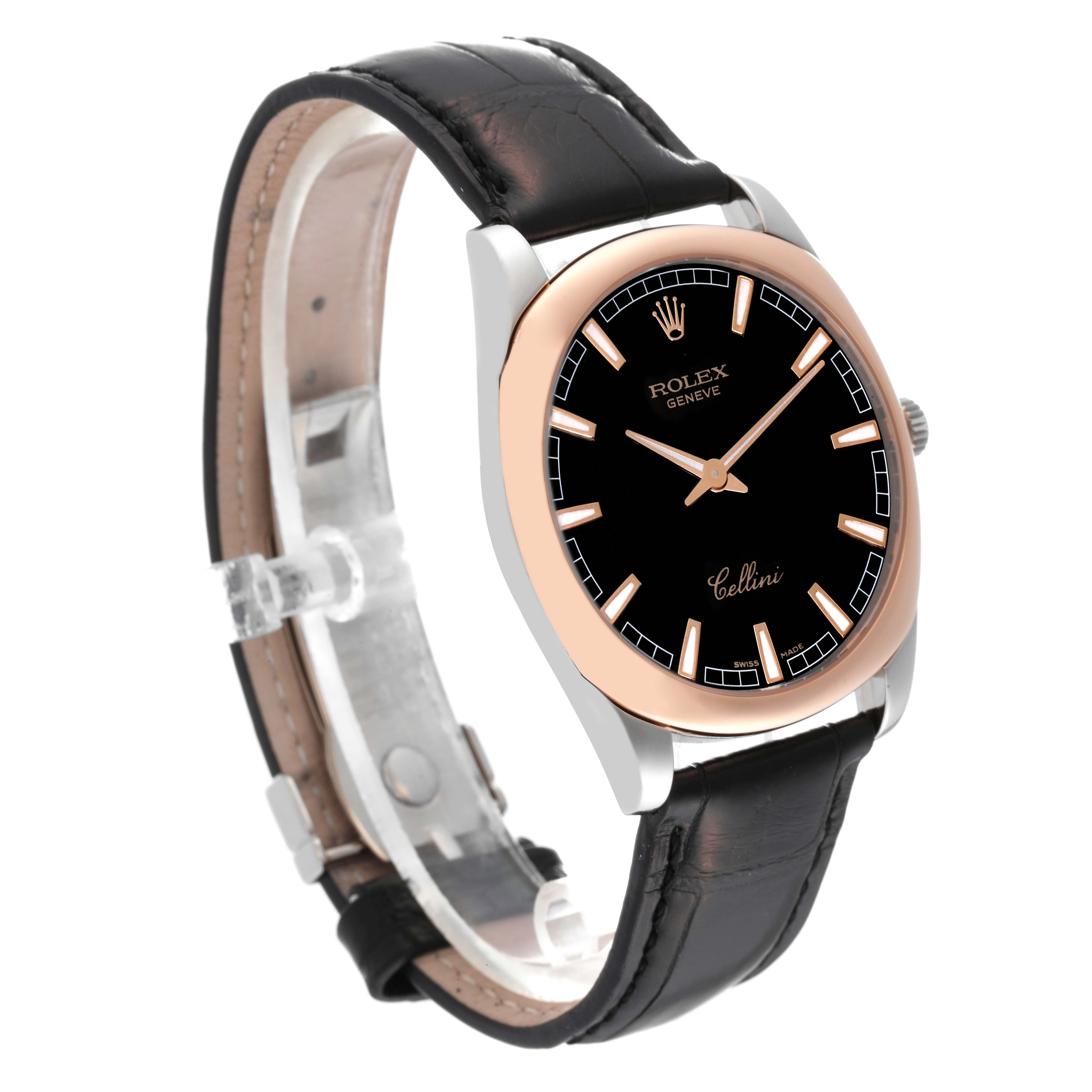 This image shows the front and side angle of a Rolex Cellini 4243 Men's White Gold Black Dial 4243 Men's White Gold Black Dial watch with a black dial, rose gold bezel, and black leather strap.