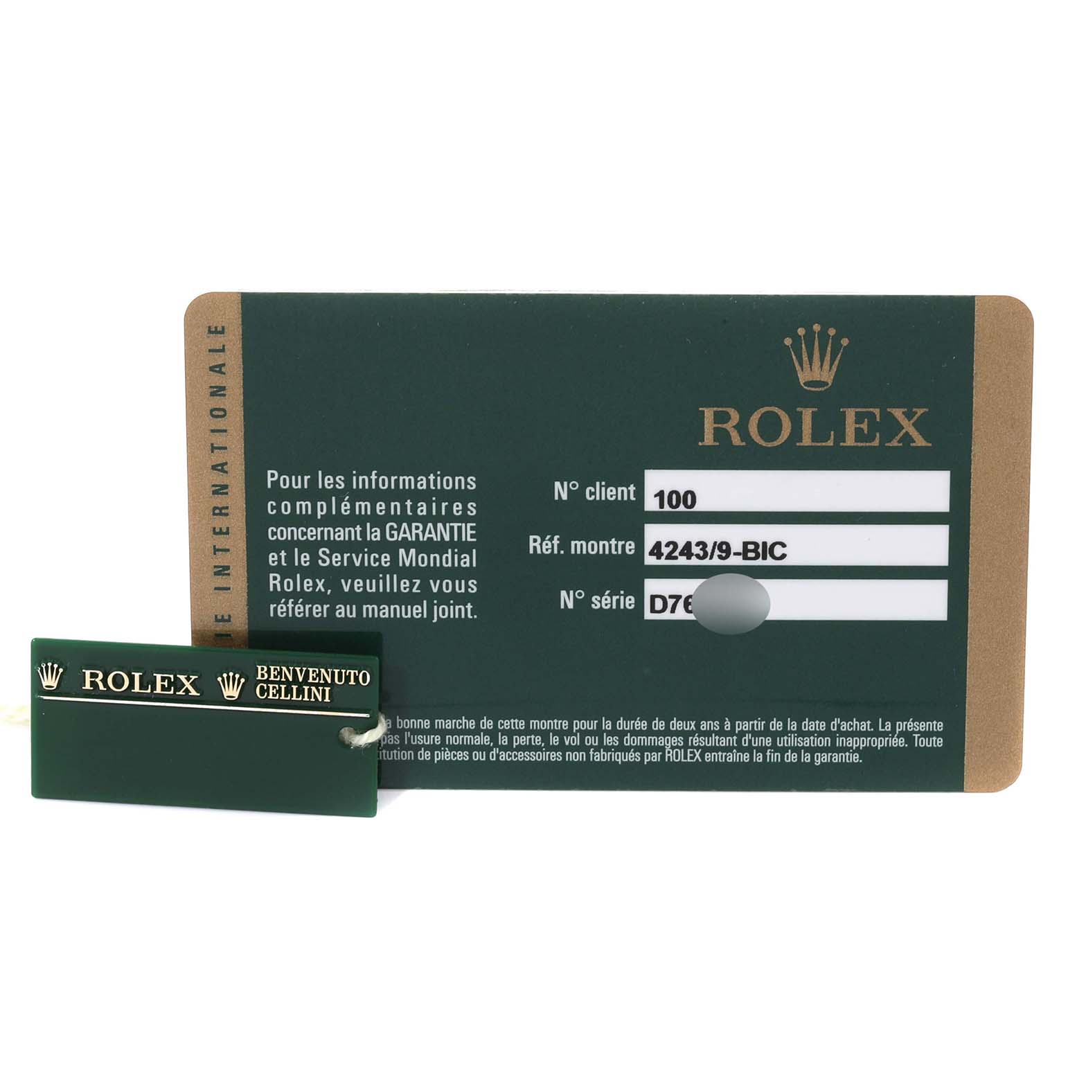 The image shows a guarantee card and a green tag labeled "ROLEX BENVENUTO CELLINI" for the Rolex Cellini 4243 Men's White Gold Black Dial 4243 Men's White Gold Black Dial model.