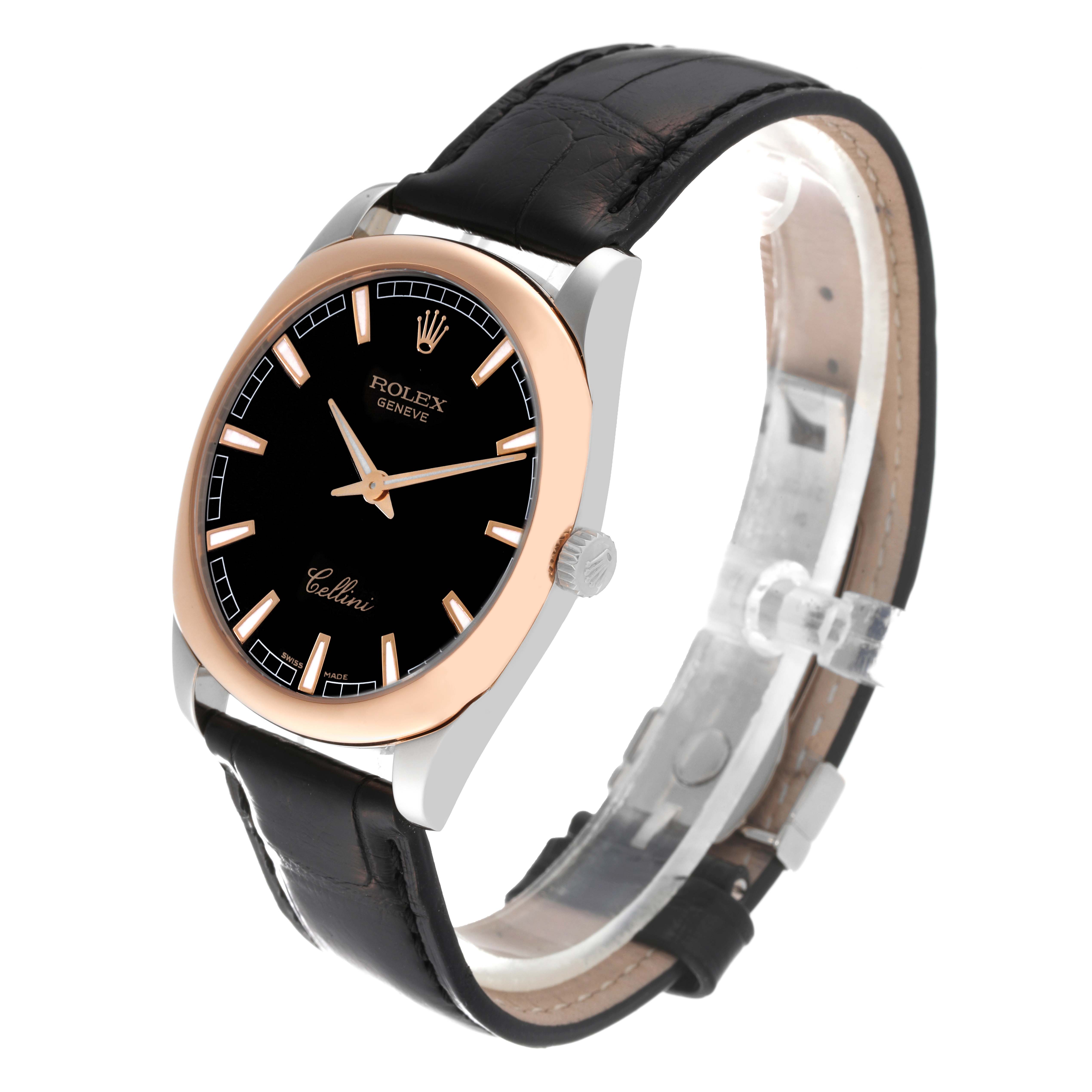 The image shows a Rolex Cellini 4243 Men's White Gold Black Dial 4243 Men's White Gold Black Dial watch angled to display the face, bezel, crown, and leather strap.