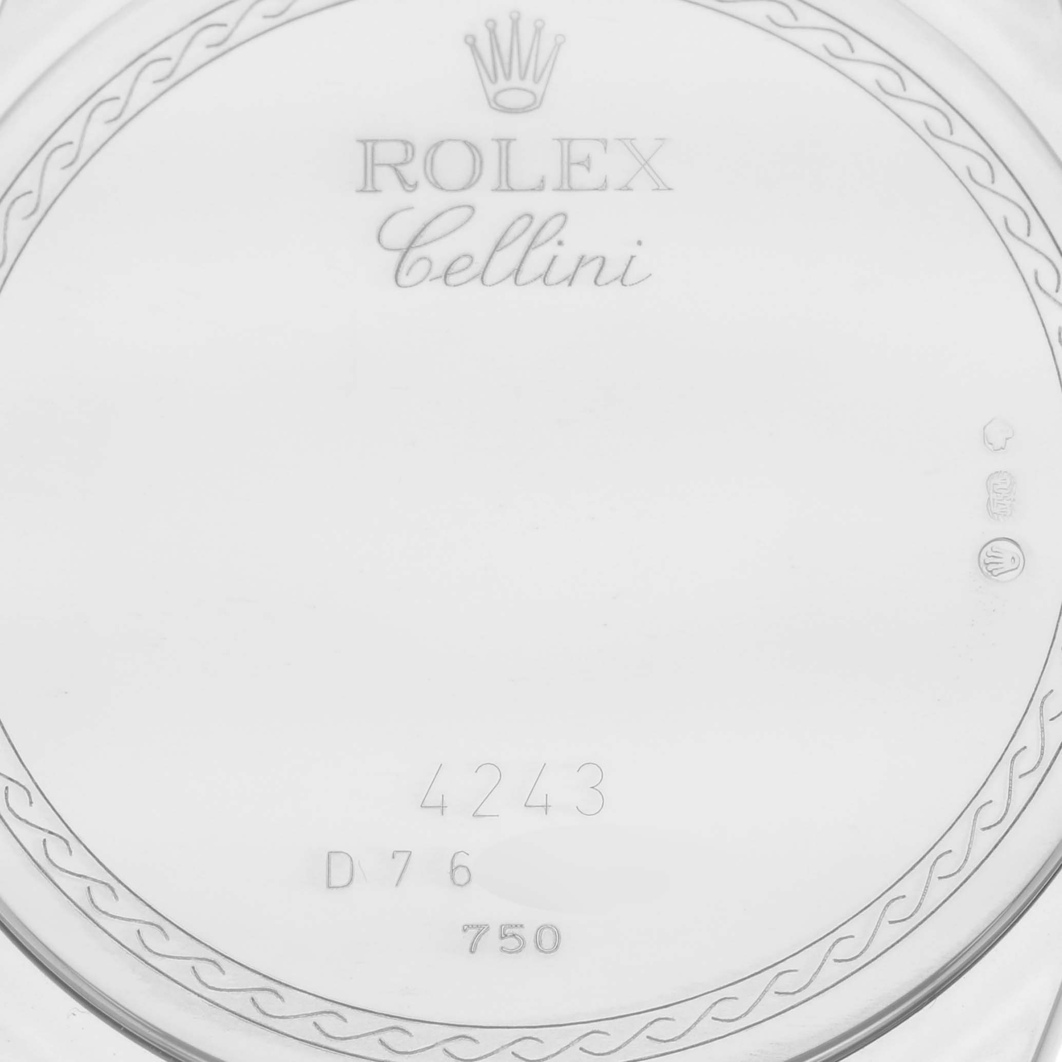This image shows the back case of a Rolex Cellini 4243 Men's White Gold Black Dial 4243 Men's White Gold Black Dial watch with model number 4243 and other markings and engravings.
