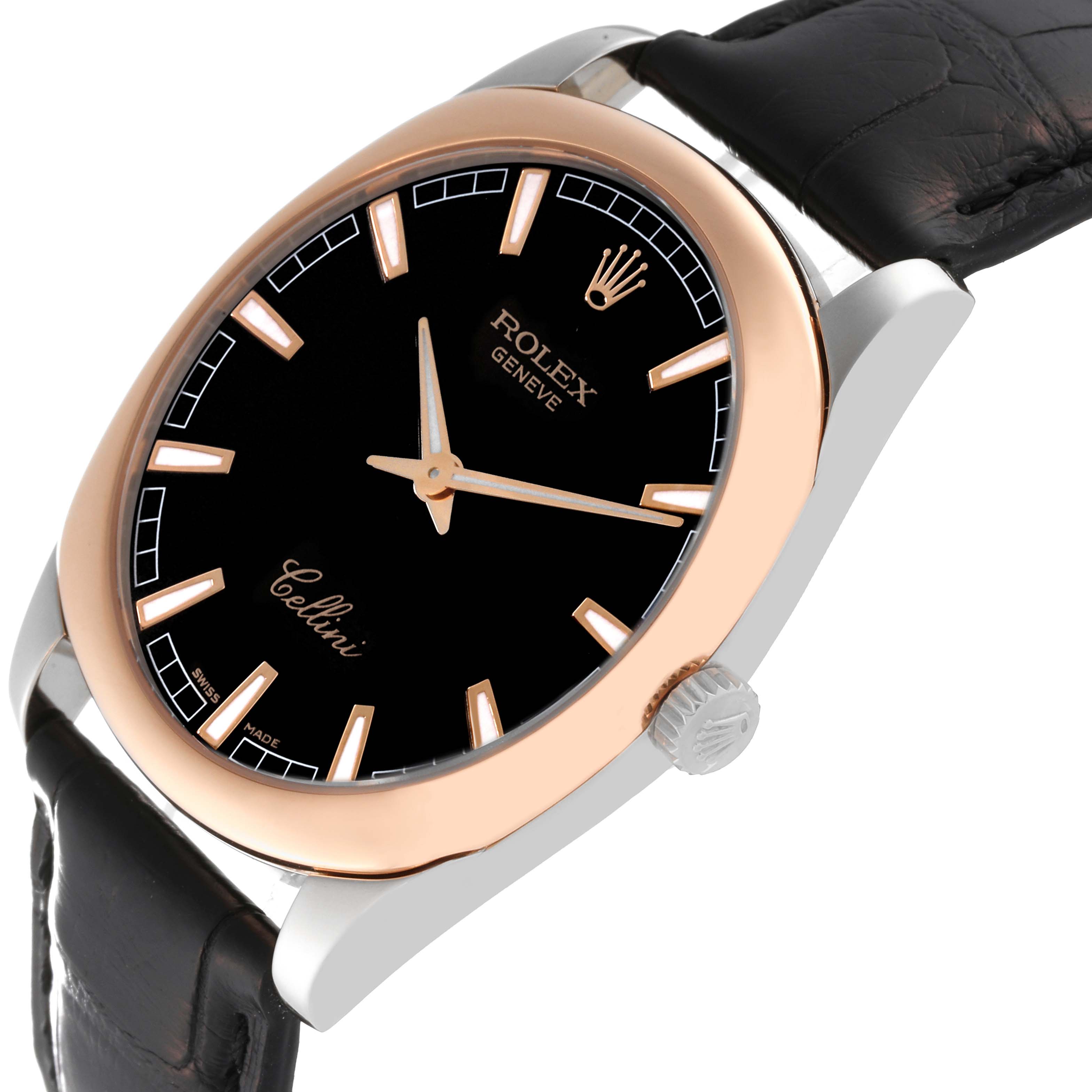 The Rolex Cellini 4243 Men's White Gold Black Dial 4243 Men's White Gold Black Dial watch is shown at a slight angle displaying the face, crown, and part of the leather strap.