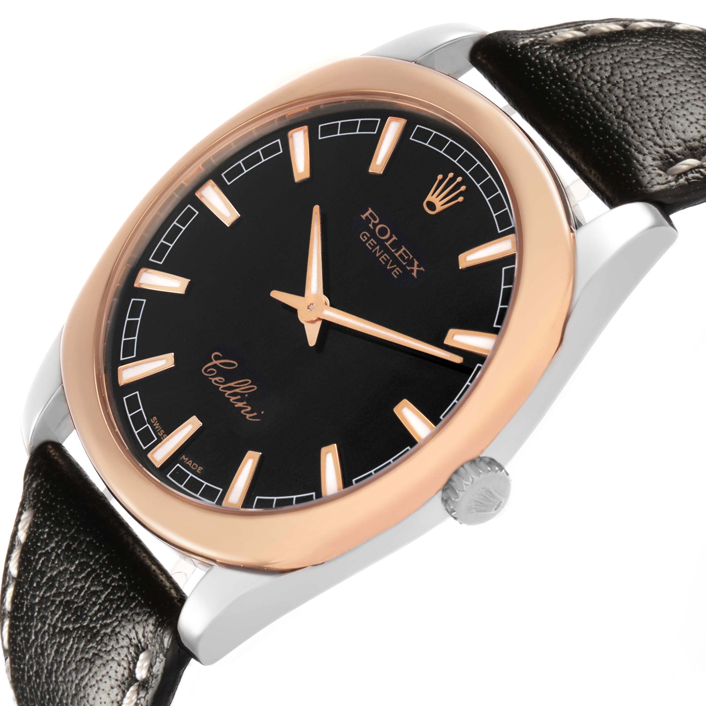 The Rolex Cellini 4243 Men's White Gold Black Dial watch is shown at a slightly angled side view, highlighting the black dial, rose gold bezel, and leather strap.