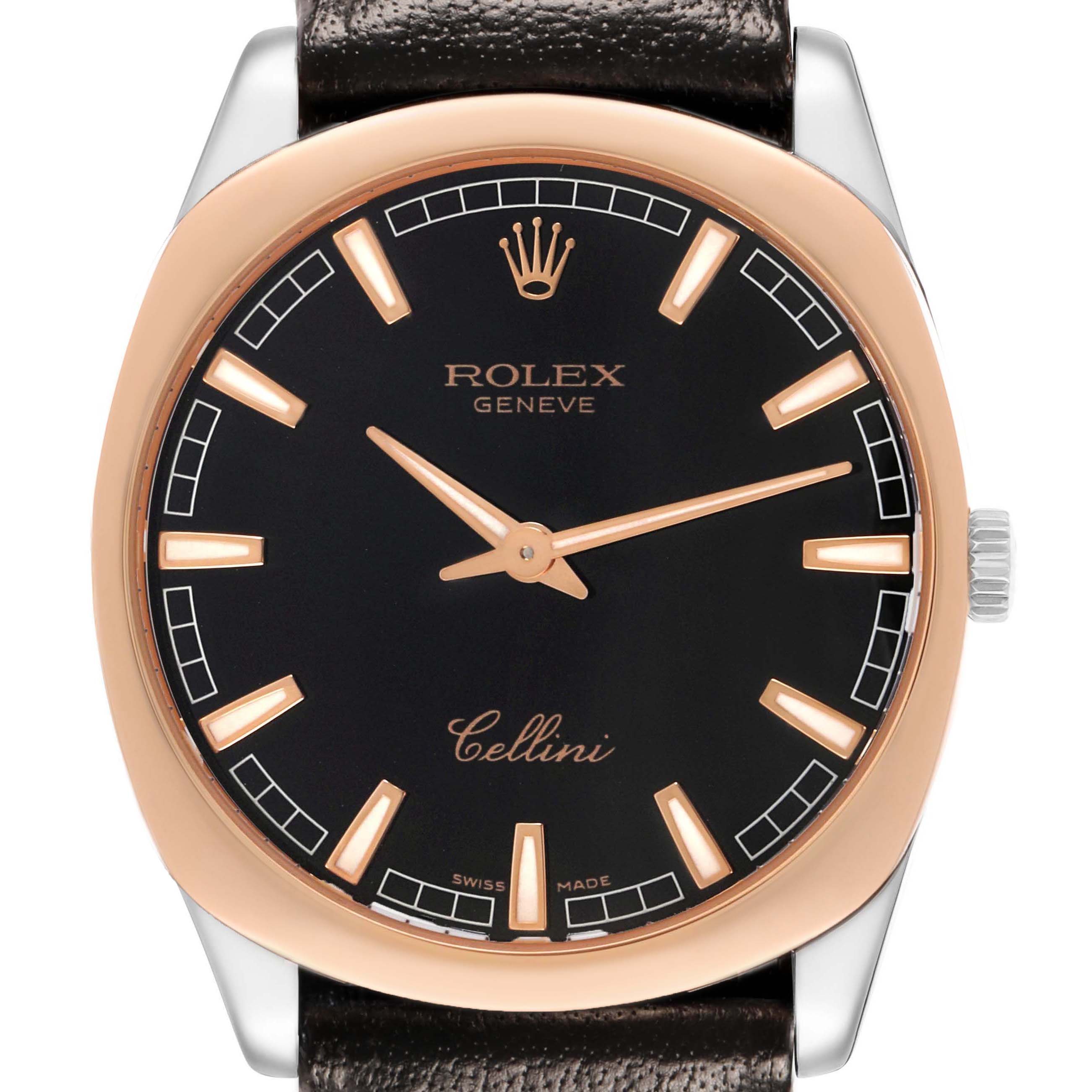 The Rolex Cellini 4243 Men's White Gold Black Dial watch is shown from a top view, highlighting its black dial, gold markers, and leather strap.