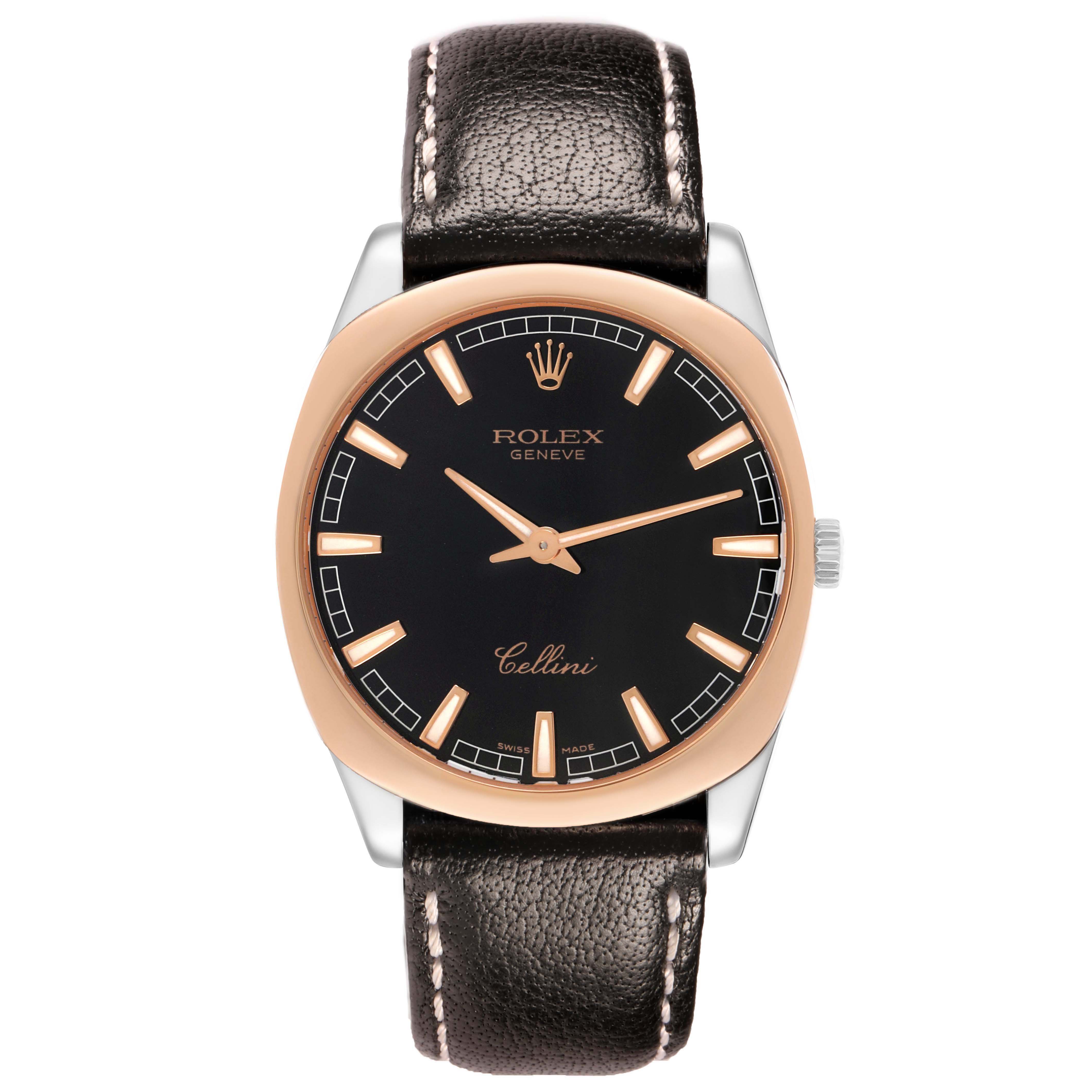 The Rolex Cellini 4243 Men's White Gold Black Dial watch is shown from a front angle, highlighting its black dial, gold markers, and leather strap.