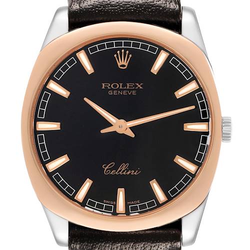 The Rolex Cellini 4243 Men's White Gold Black Dial watch is shown from the front, highlighting its black dial, rose gold bezel, and black strap.