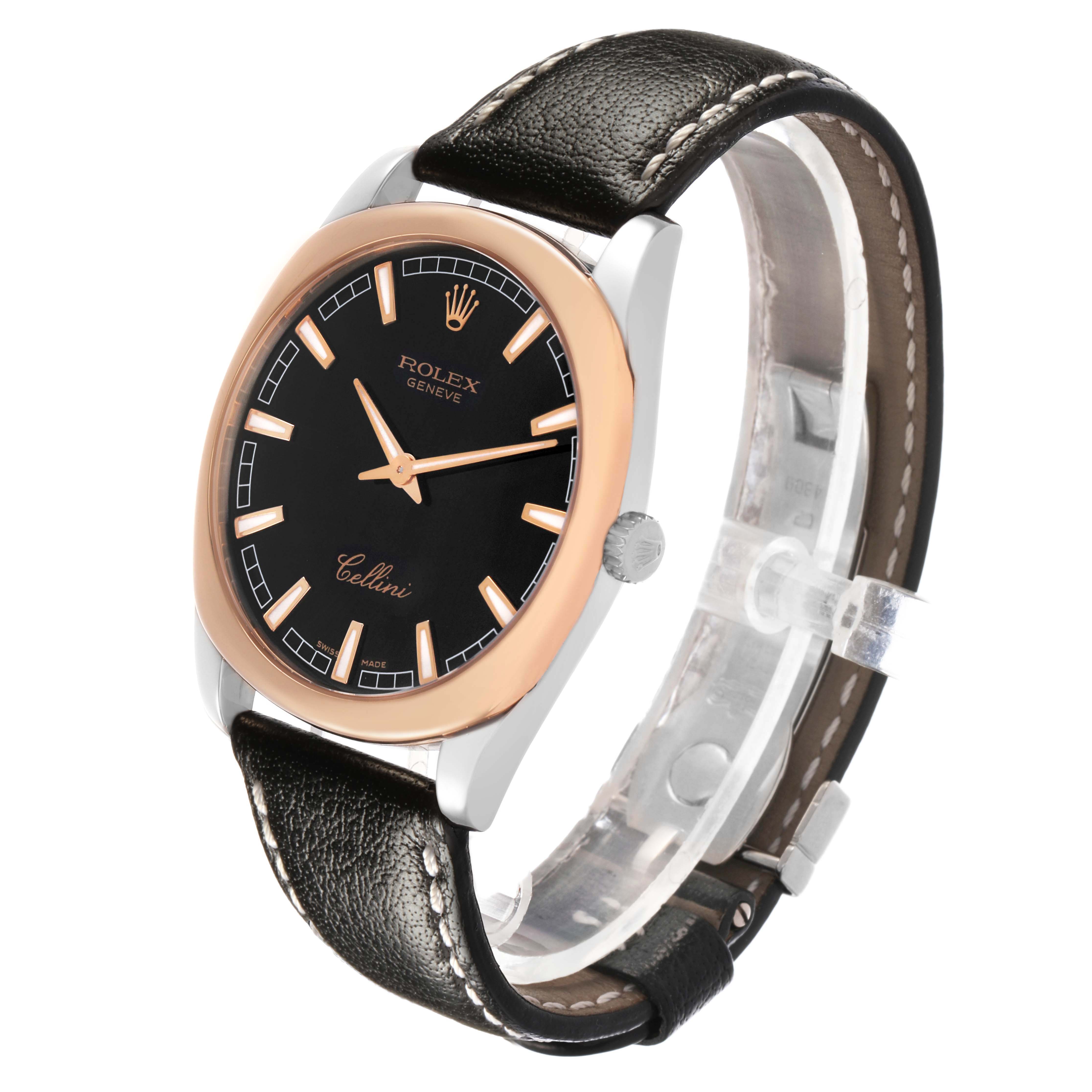 The Rolex Cellini 4243 Men's White Gold Black Dial watch is shown at a side angle, displaying its face, crown, and leather strap.