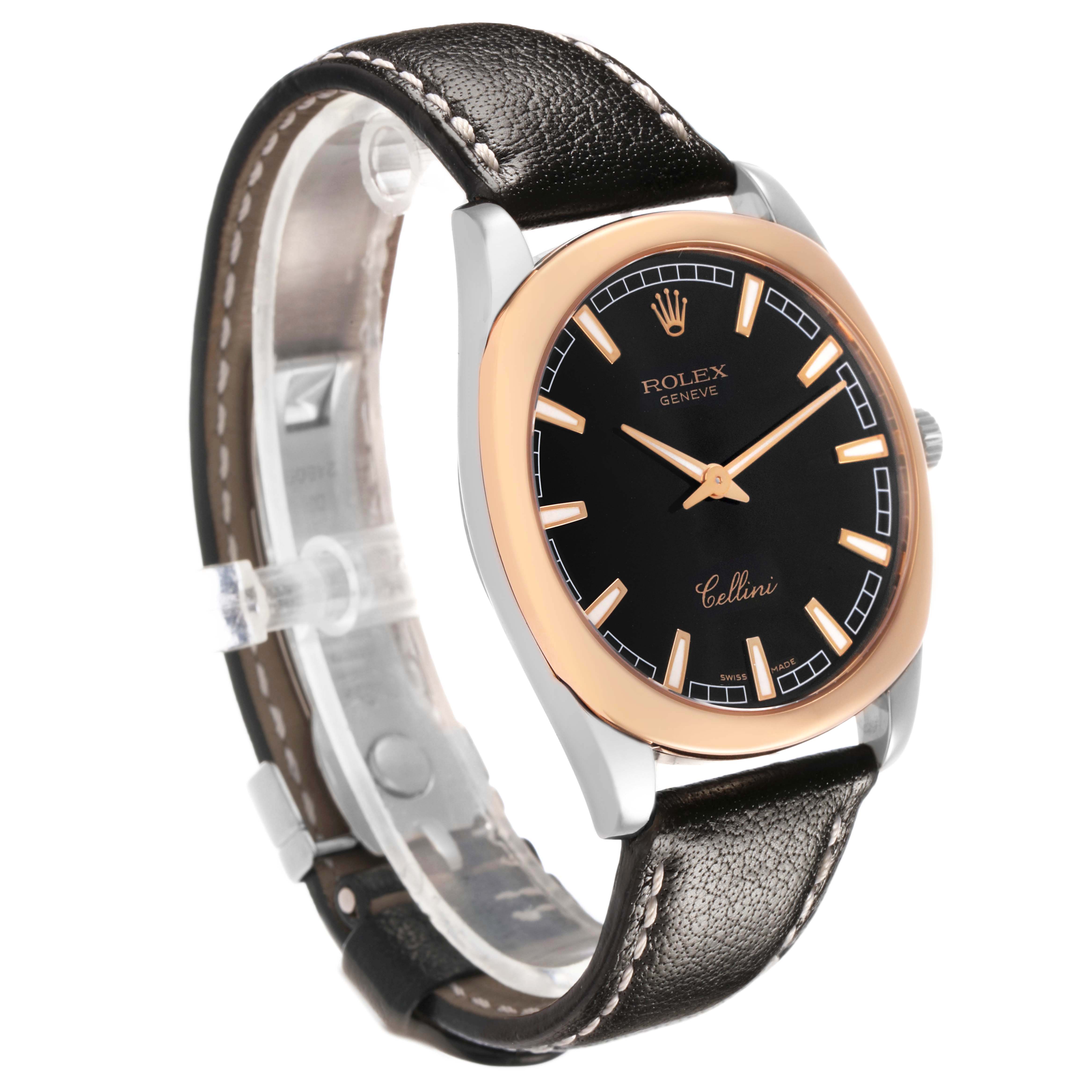 The Rolex Cellini 4243 Men's White Gold Black Dial watch is shown at an angle that highlights its black dial, gold bezel, and leather strap.