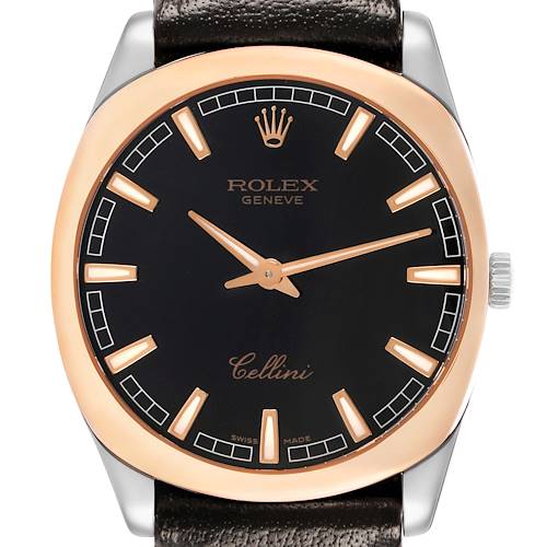 The Rolex Cellini 4243 Men's White Gold Black Dial watch is shown from the front, highlighting the dial, hands, and bezel with a partial view of the strap.