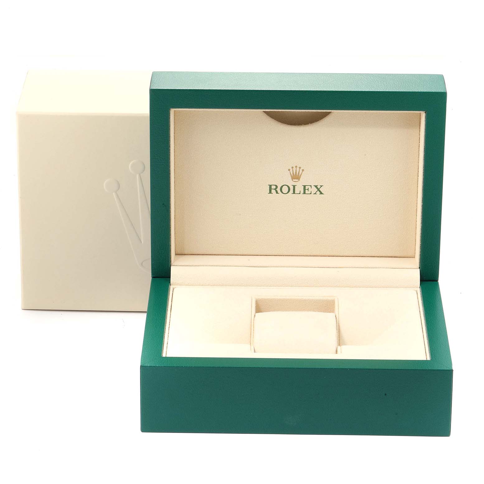 The image shows an open green and beige box for a Rolex Daytona 116500 Men's Stainless Steel Black Dial 116500 Men's Stainless Steel Black Dial watch.