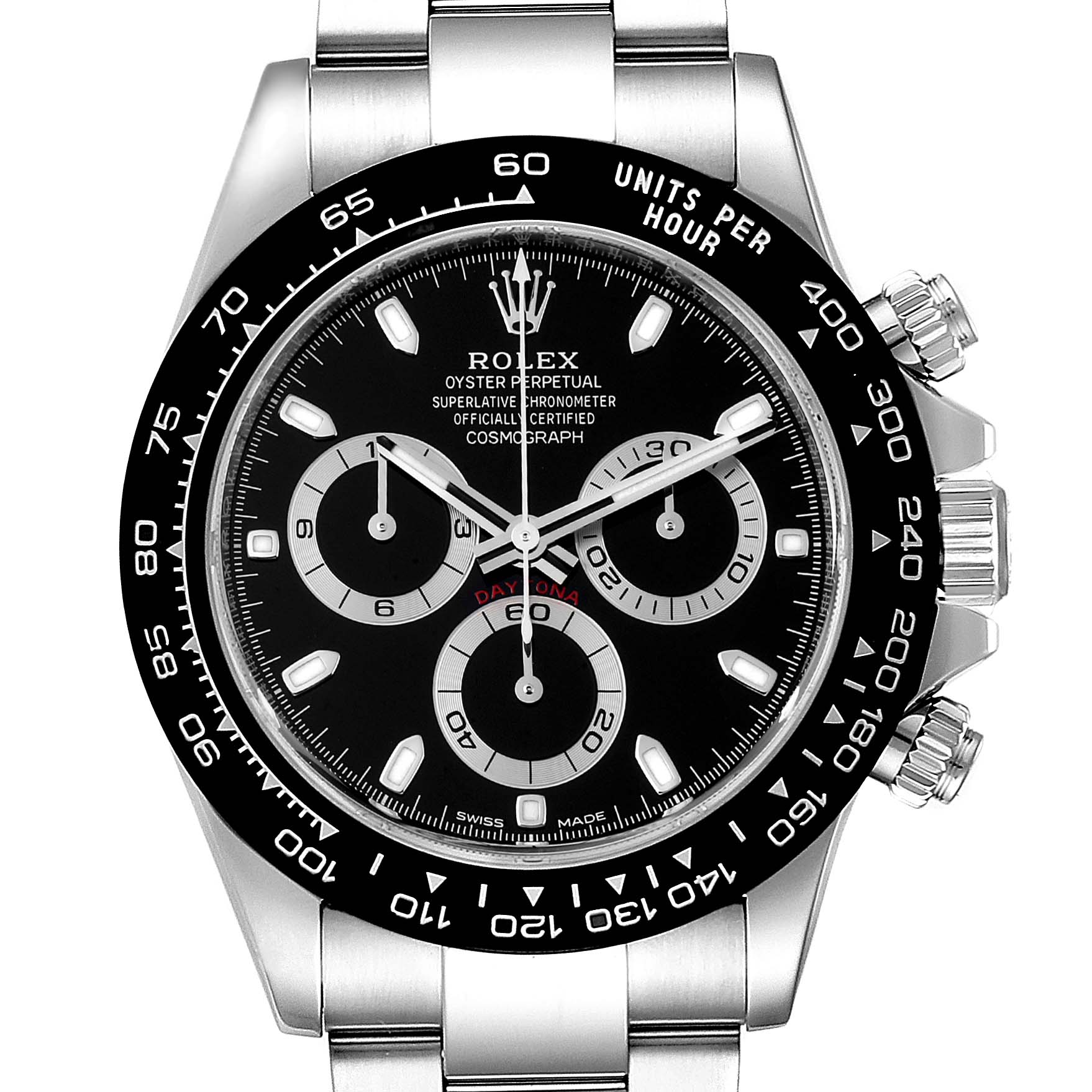 The Rolex Daytona 116500 Men's Stainless Steel Black Dial 116500 Men's Stainless Steel Black Dial watch is shown from a front view, displaying the dial, bezel, and bracelet.