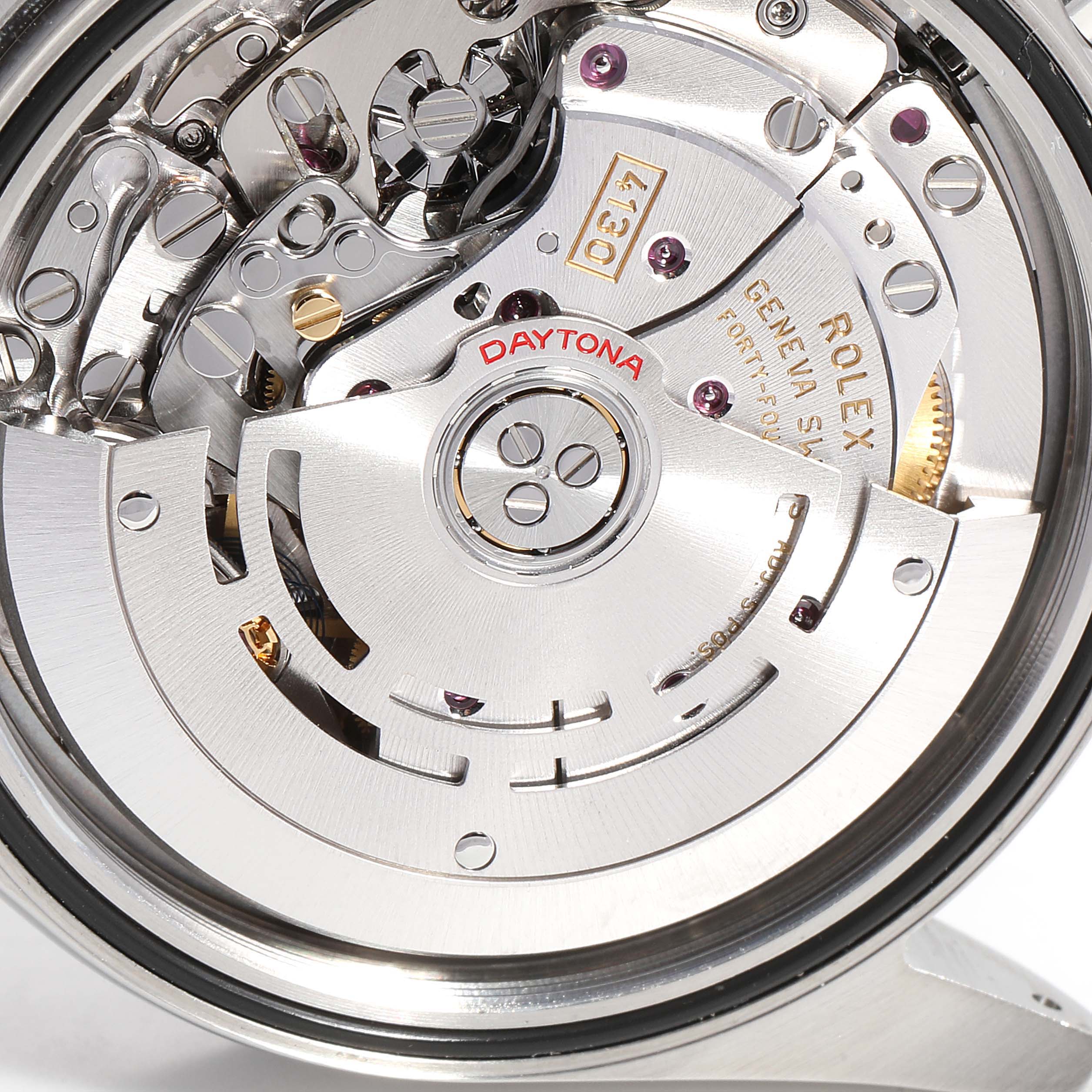 This image shows a close-up of the movement mechanism of a Rolex Daytona 116500 Men's Stainless Steel Black Dial 116500 Men's Stainless Steel Black Dial watch.
