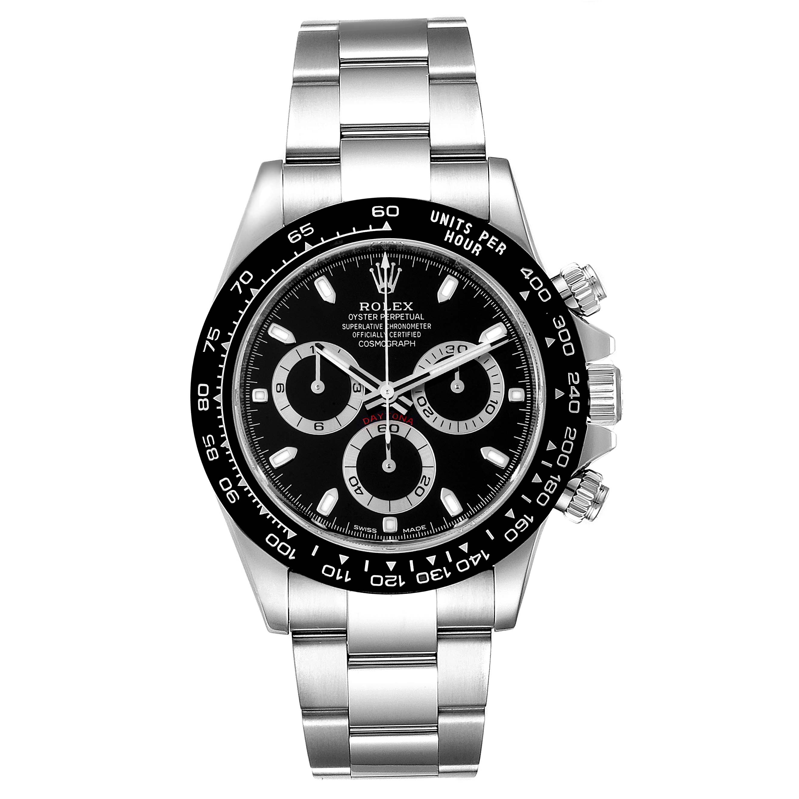 The Rolex Daytona 116500 Men's Stainless Steel Black Dial 116500 Men's Stainless Steel Black Dial watch is shown from a front angle, displaying its face, bezel, and bracelet.