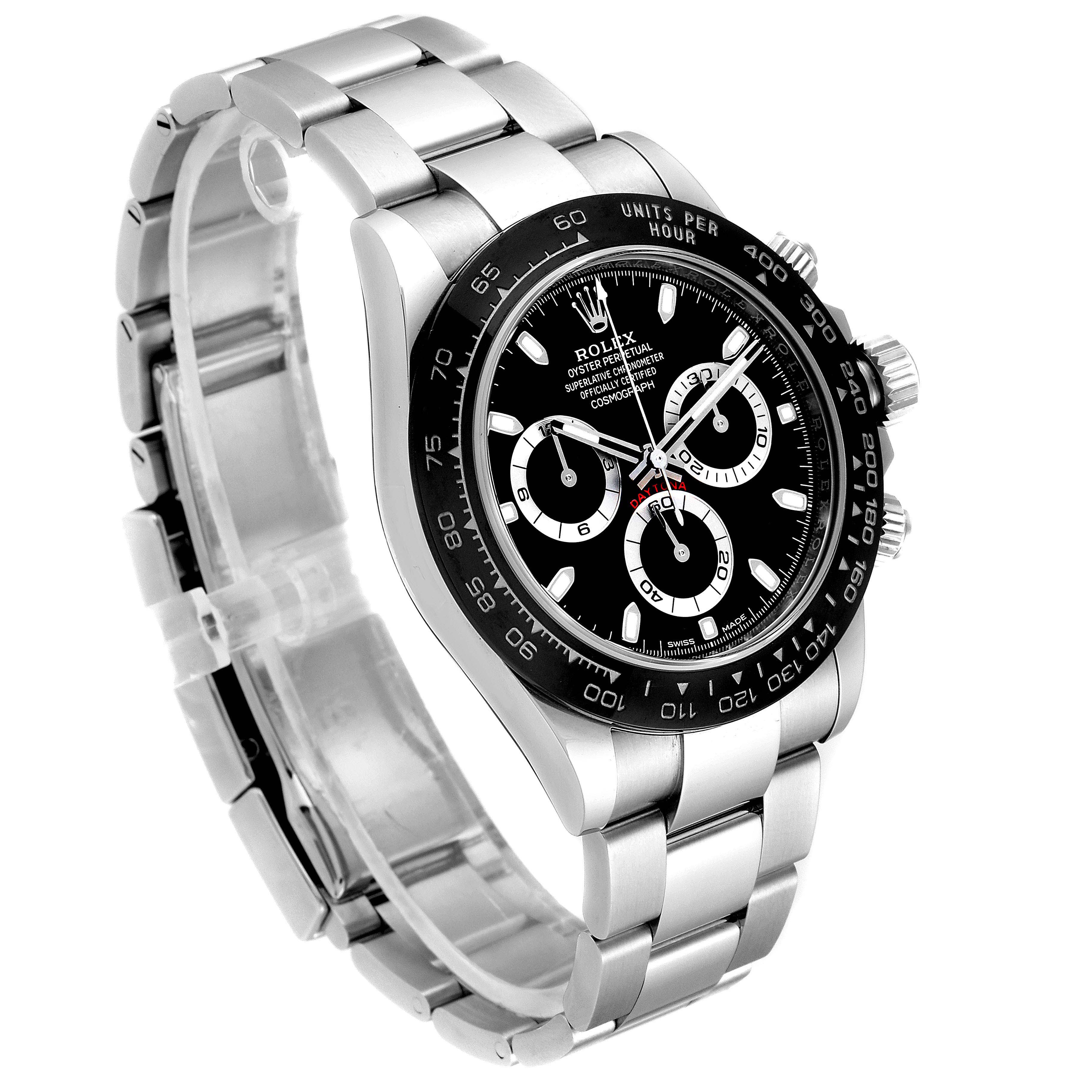 The image shows a Rolex Daytona 116500 Men's Stainless Steel Black Dial 116500 Men's Stainless Steel Black Dial watch at a 3/4 angle, highlighting the metal bracelet, bezel, and chronograph dial.