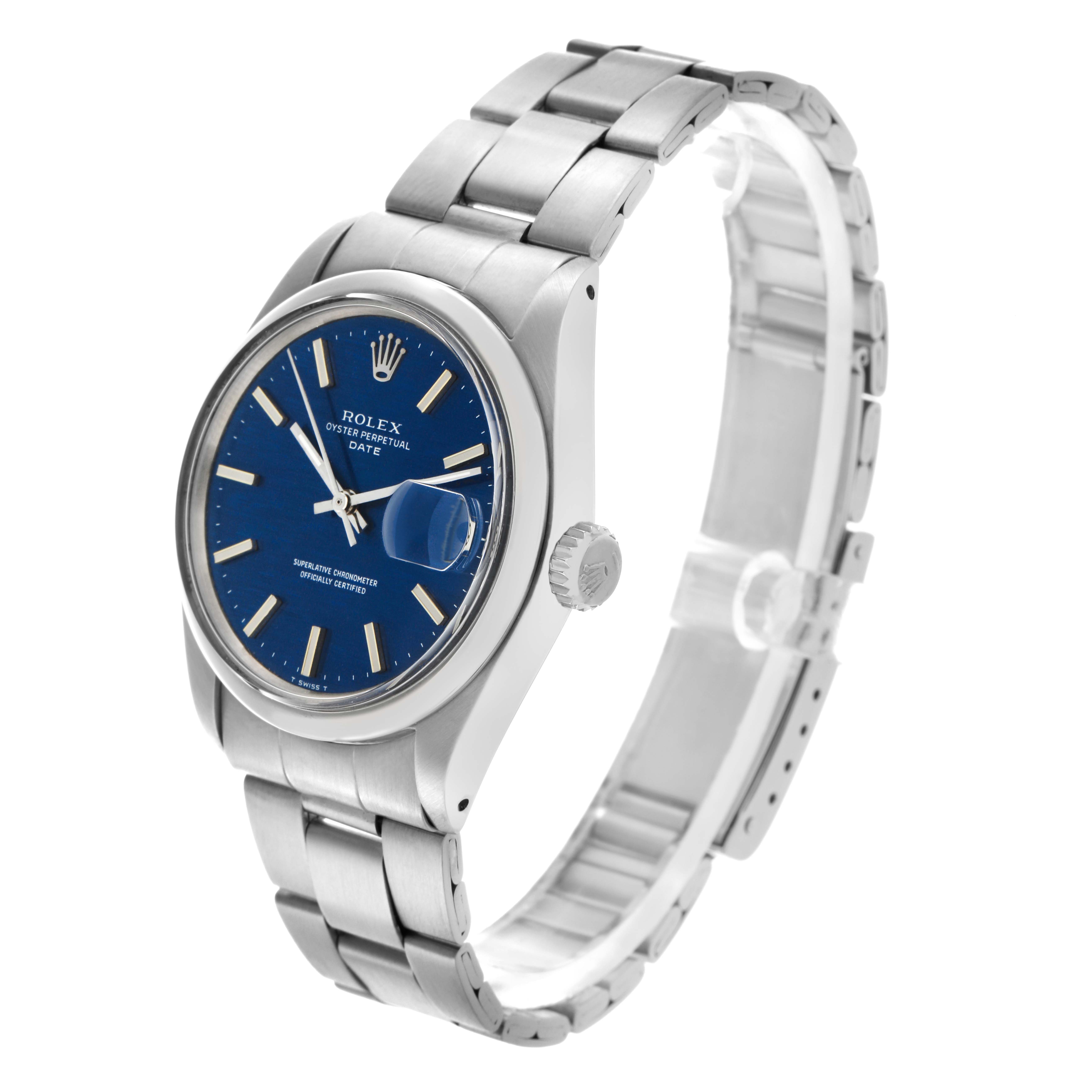 The Rolex Date model watch is shown at a slight angle, highlighting the blue dial, bezel, crown, and metal bracelet.