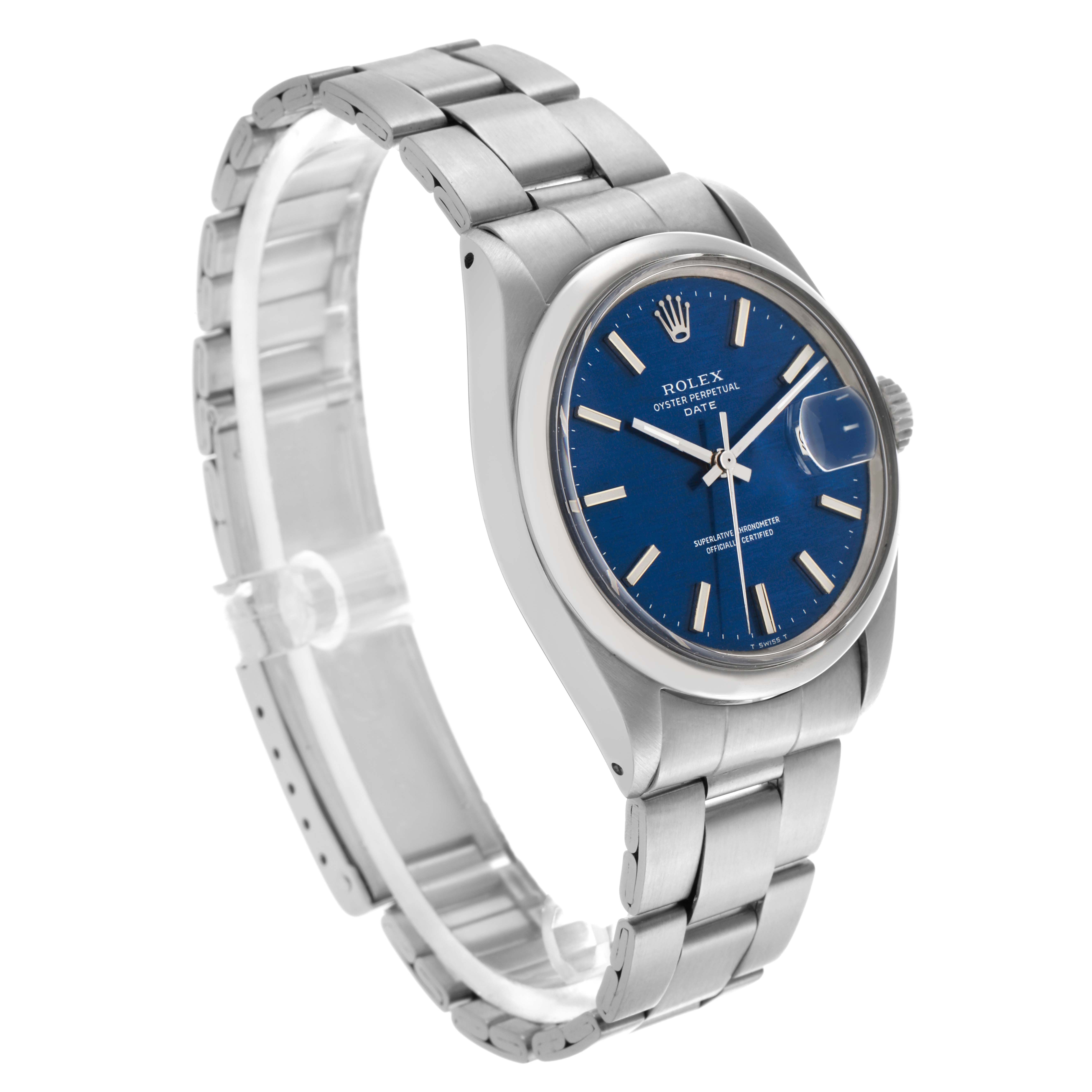 The Rolex Date model watch is shown at a three-quarter angle, highlighting the blue dial, bezel, case, bracelet, and crown.