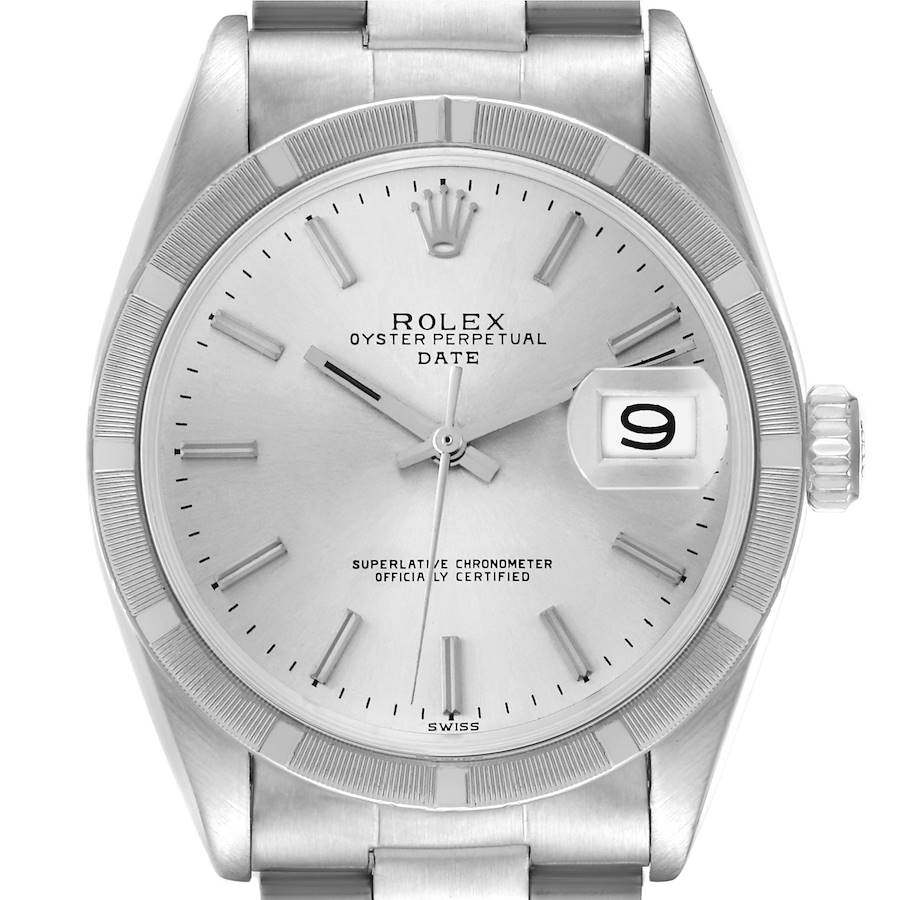 The image shows a frontal view of the Rolex Date model watch, highlighting the dial, bezel, and bracelet links.