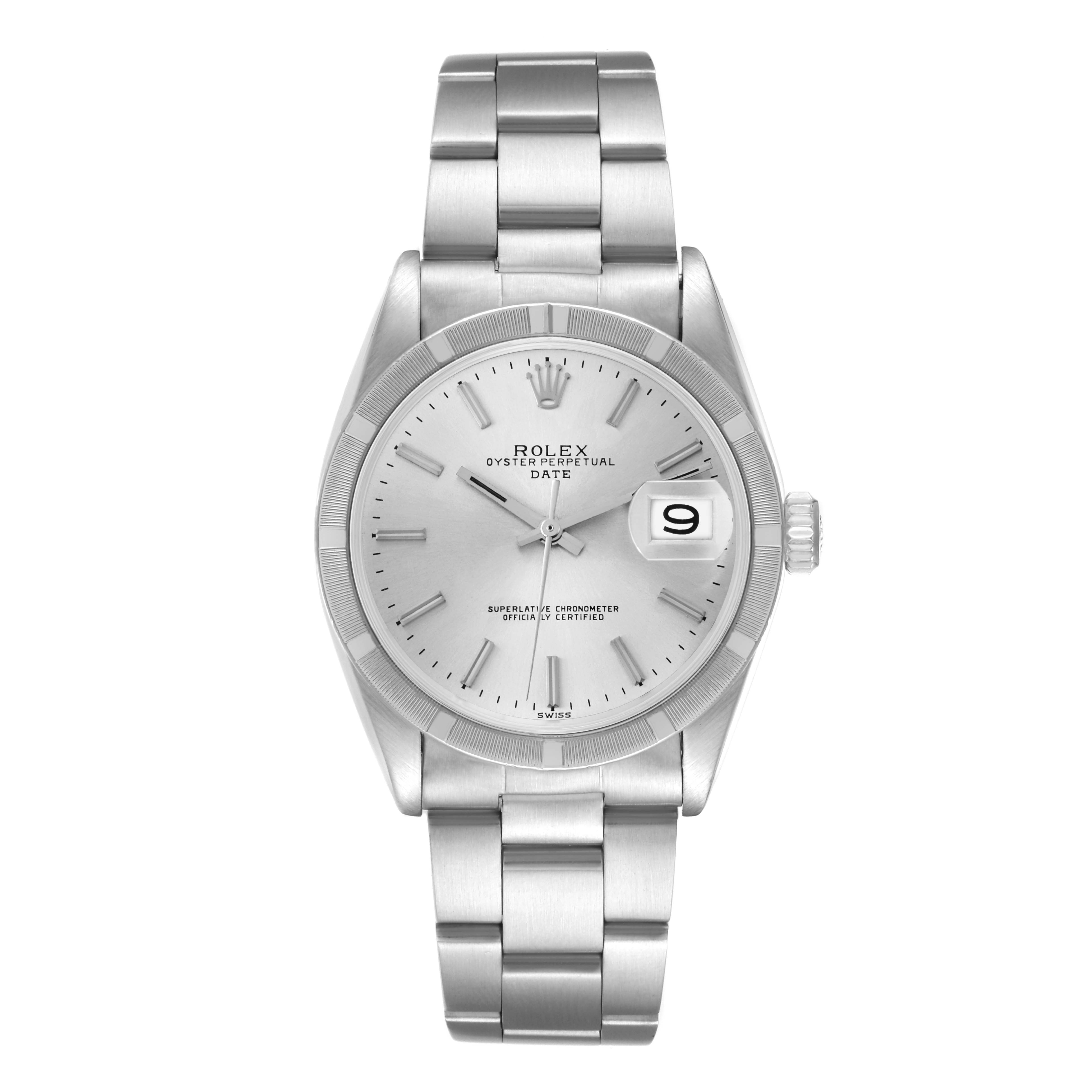 The Rolex Date watch is shown from a top-down angle, displaying its dial, bracelet, and date feature prominently.