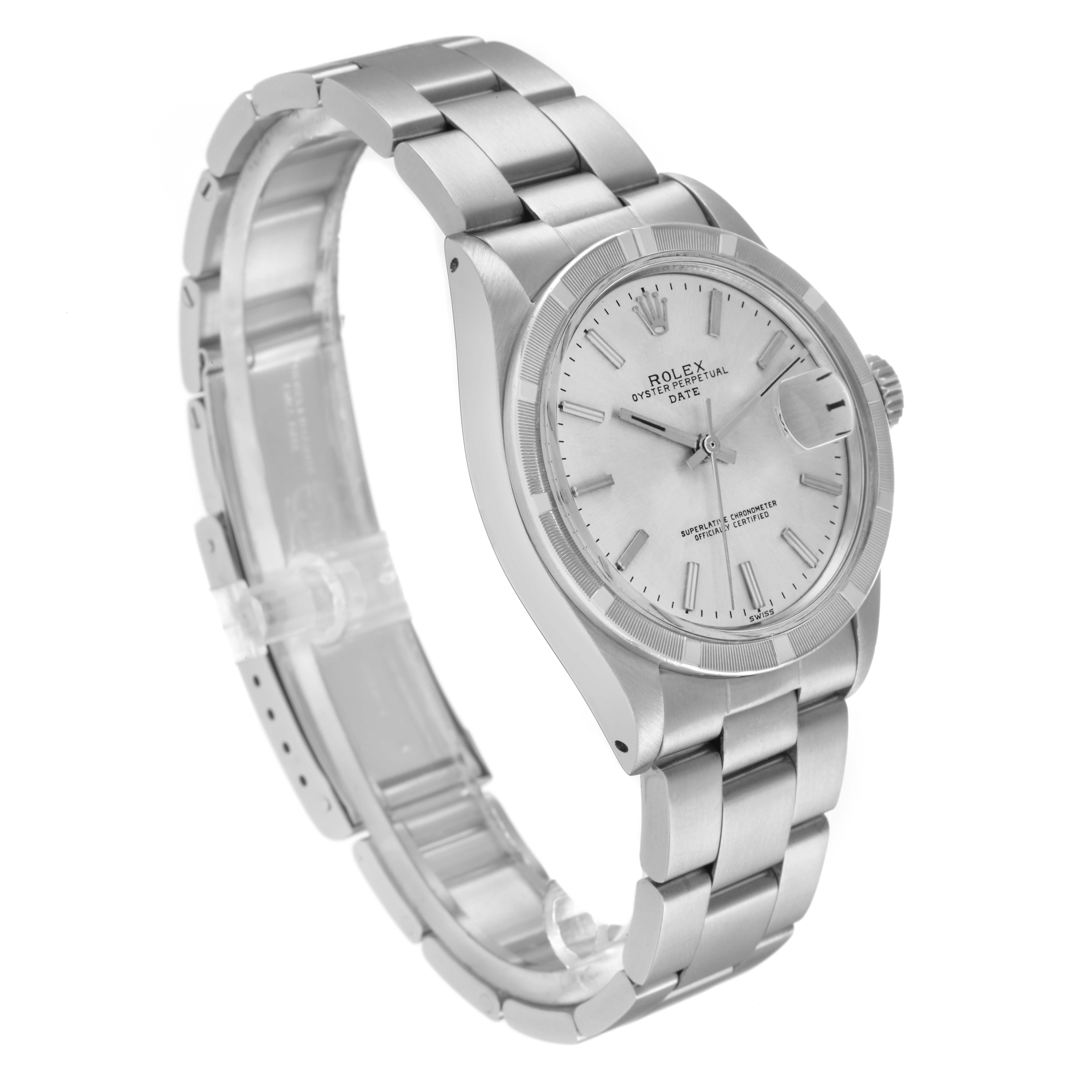 The Rolex Date model watch is shown at a three-quarter angle, highlighting the face, bracelet, and crown.
