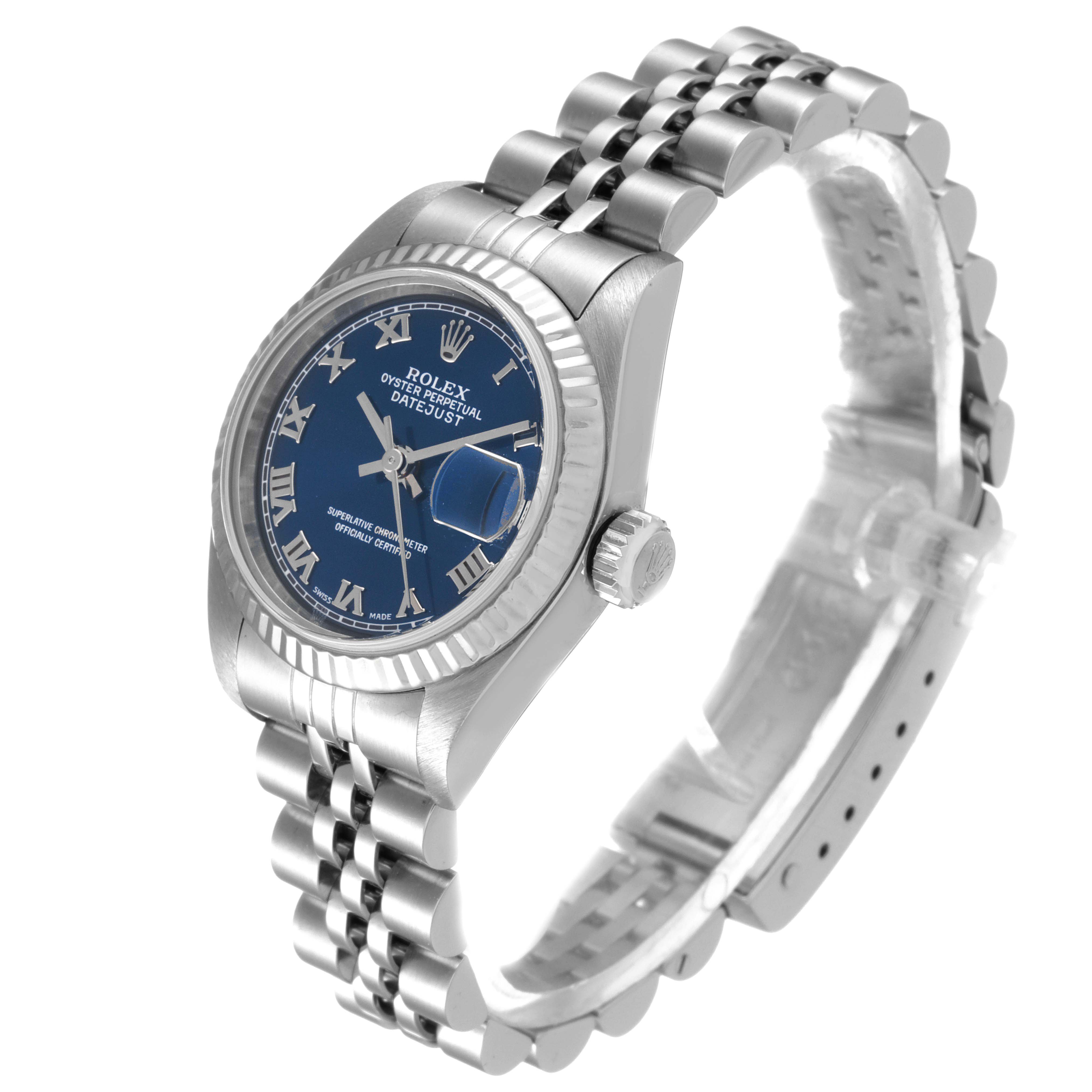 The image shows a Rolex Datejust 79174 Women
s Stainless Steel Blue Dial 79174 Women
s Stainless Steel Blue Dial watch at a three-quarter angle, highlighting its blue dial, bezel, crown, and jubilee bracelet.