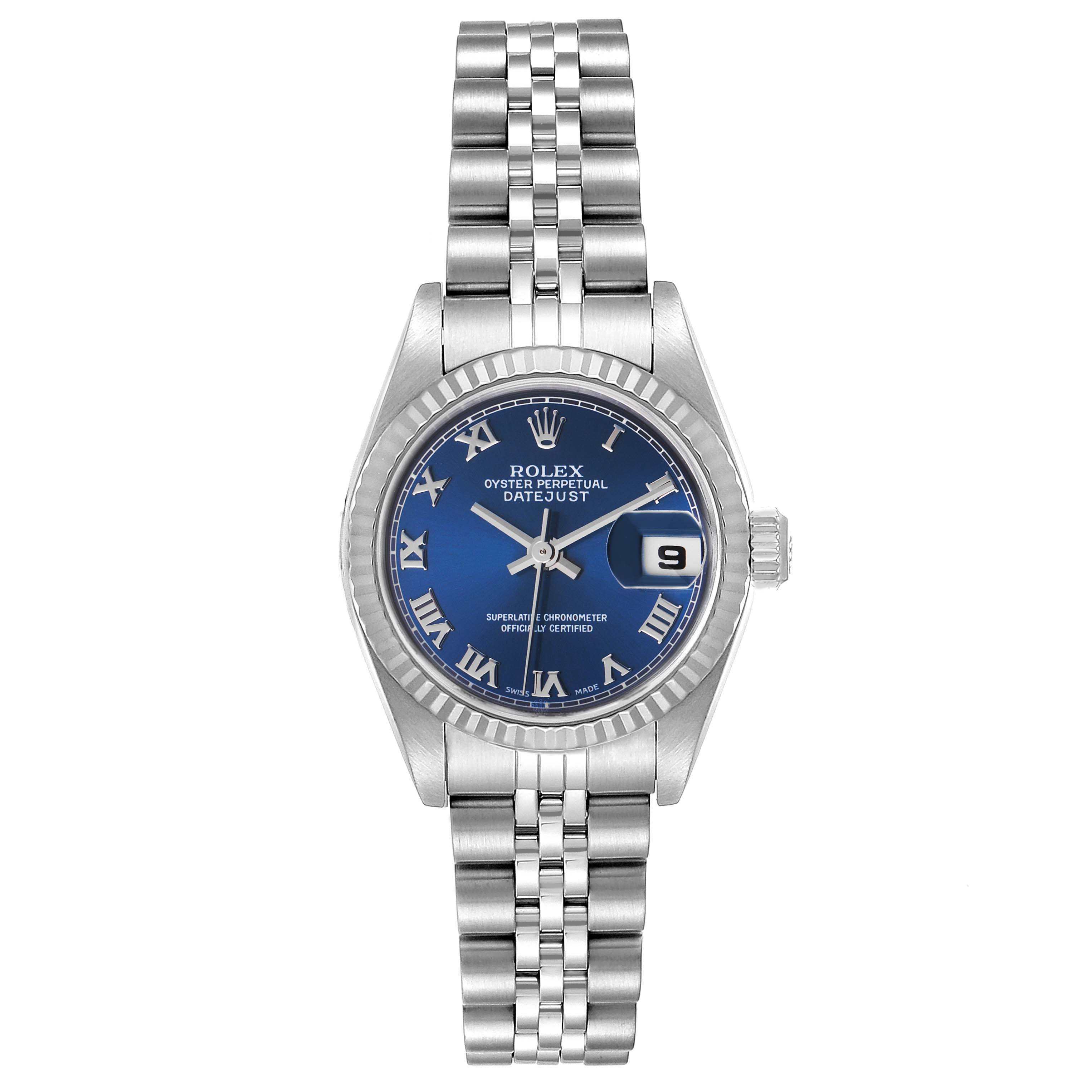 The image shows a front view of a Rolex Datejust 79174 Women
s Stainless Steel Blue Dial 79174 Women
s Stainless Steel Blue Dial watch, highlighting its bracelet, bezel, dial, and date window.