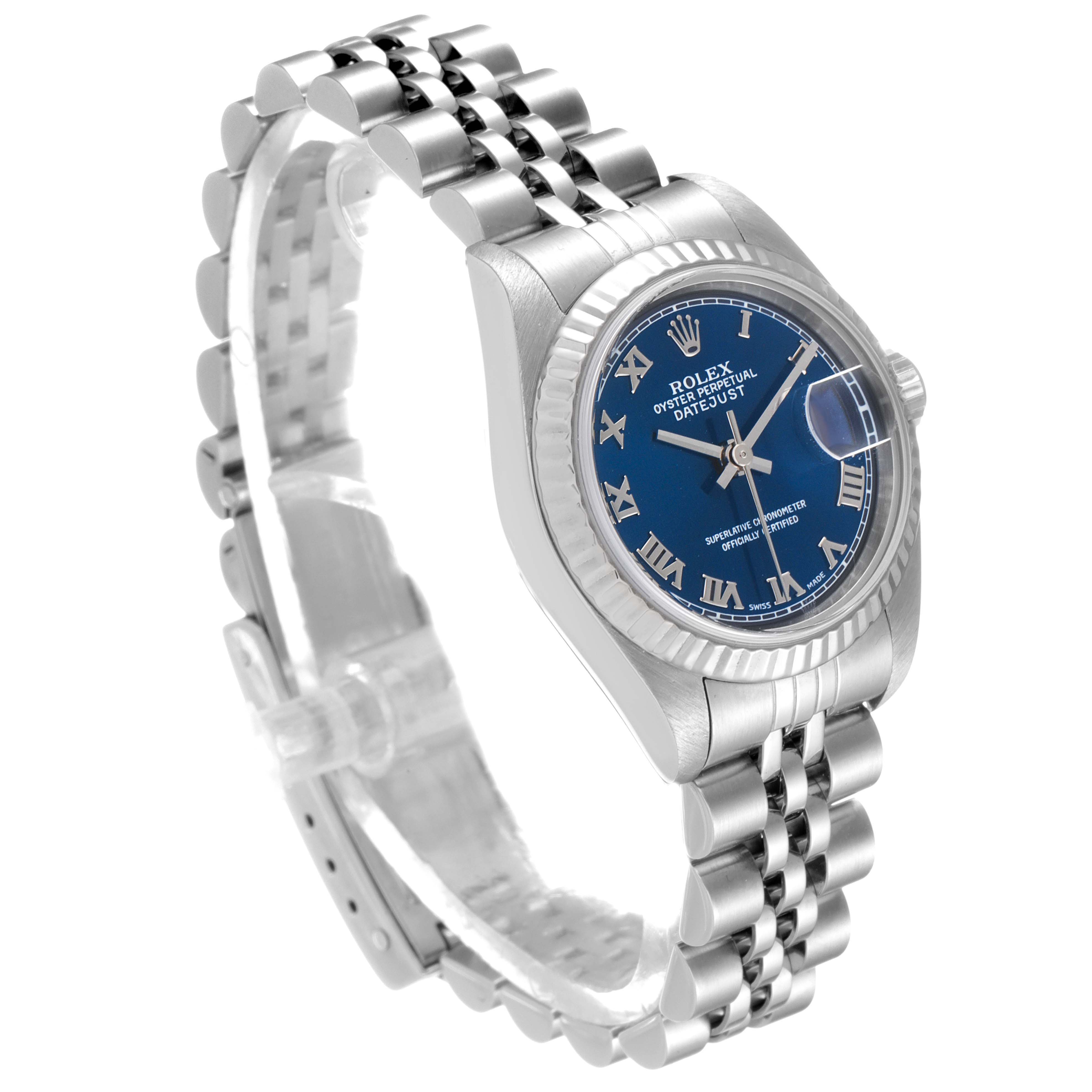 The image shows a Rolex Datejust 79174 Women
s Stainless Steel Blue Dial 79174 Women
s Stainless Steel Blue Dial watch at a slight angle, displaying the face, bezel, crown, and bracelet.