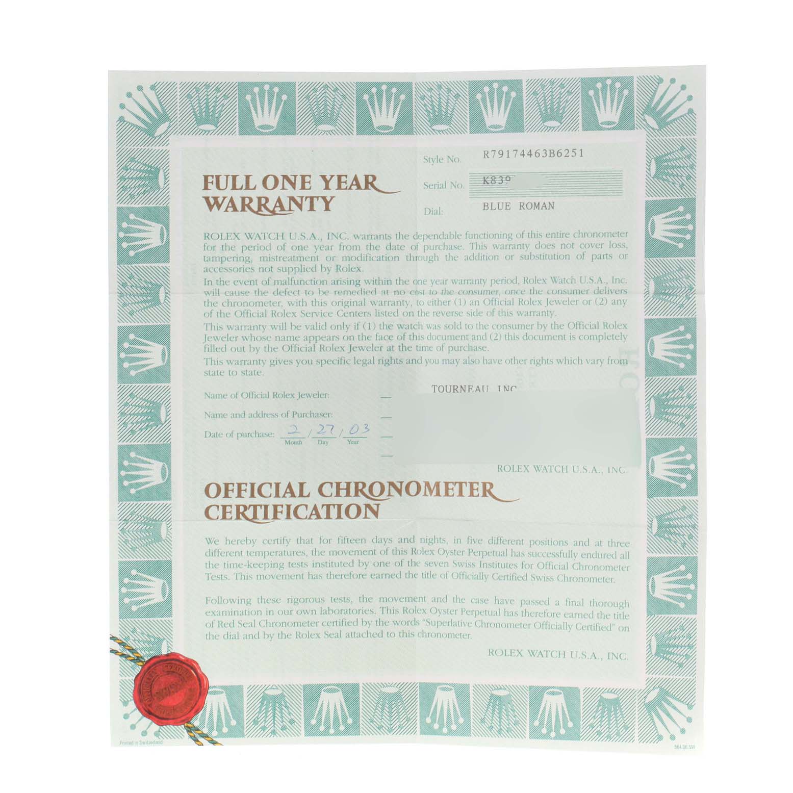 The image shows the warranty and official chronometer certification document for a Rolex Datejust 79174 Women
s Stainless Steel Blue Dial 79174 Women
s Stainless Steel Blue Dial model.