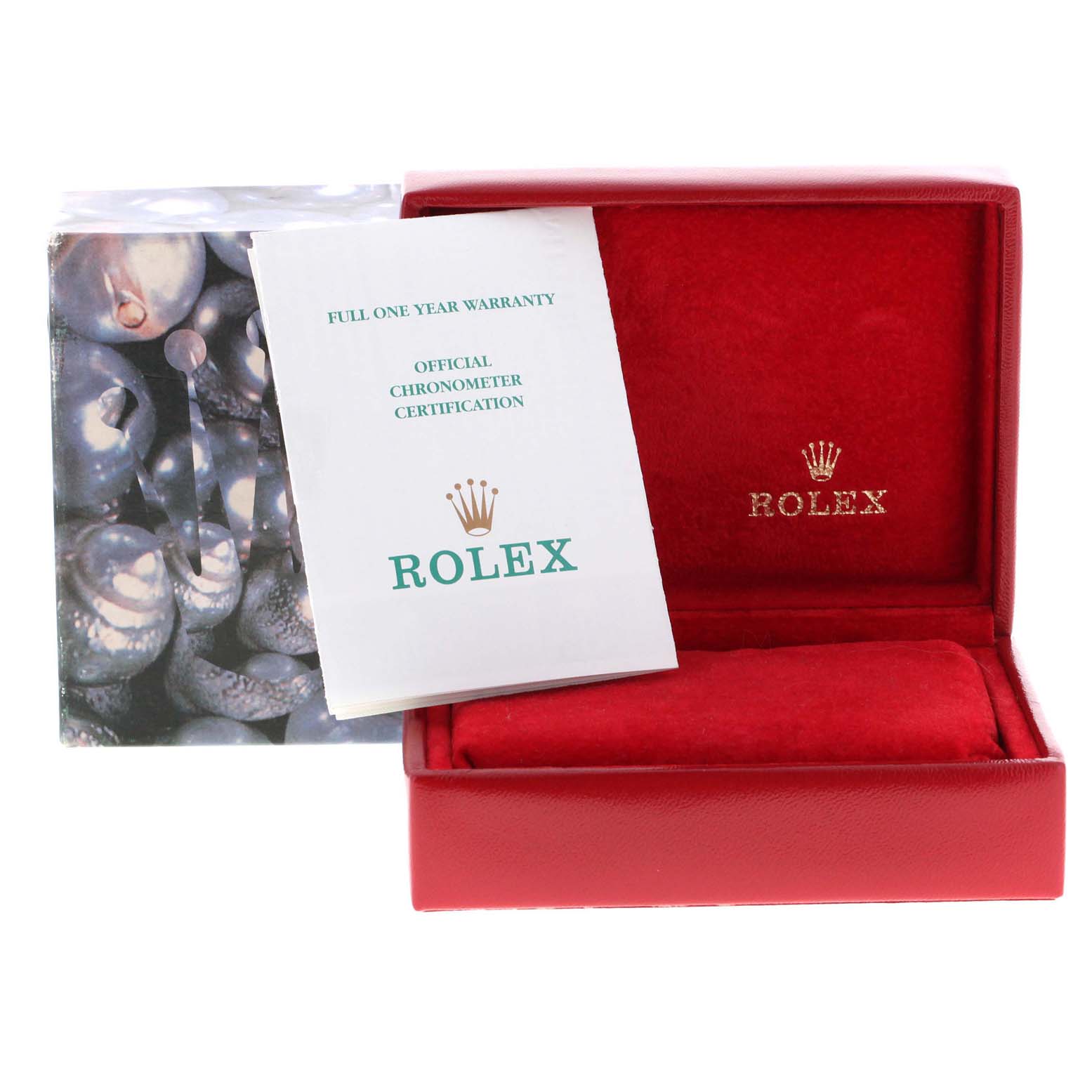 The image shows a Rolex Datejust 79174 Women
s Stainless Steel Blue Dial 79174 Women
s Stainless Steel Blue Dial watch box, warranty card, and official chronometer certification.