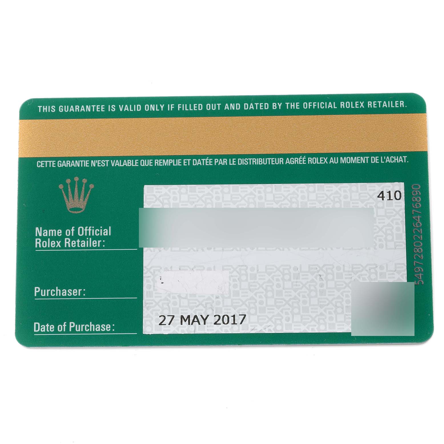 This image shows the warranty card for a Rolex Datejust 179173 Women's Steel and Gold (two tone) Silver Dial 179173 Women's Steel and Gold (two tone) Silver Dial watch, dated 27 May 2017.