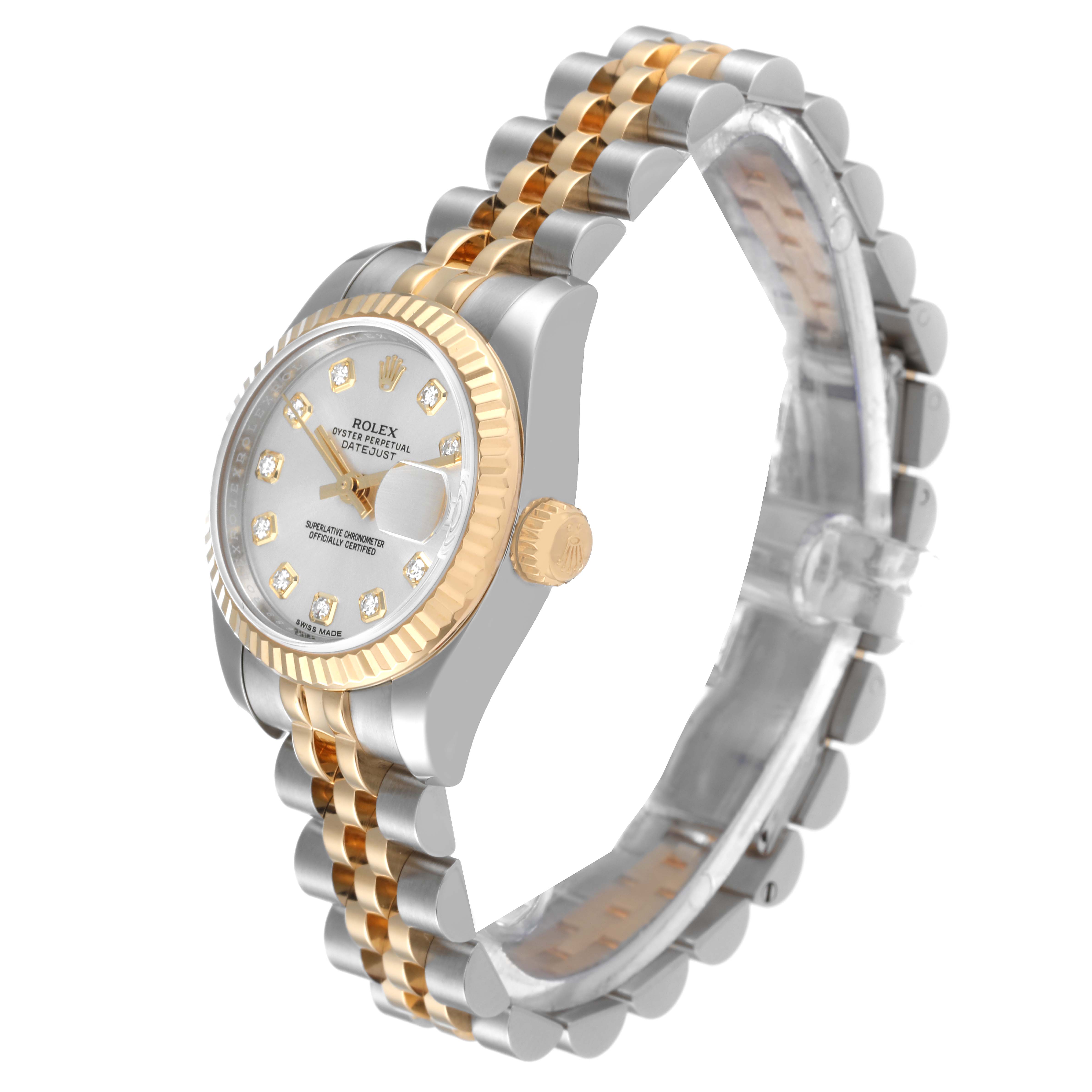 The image shows a Rolex Datejust 179173 Women's Steel and Gold (two tone) Silver Dial 179173 Women's Steel and Gold (two tone) Silver Dial watch at an angled side view, highlighting the face, bezel, crown, and bracelet.