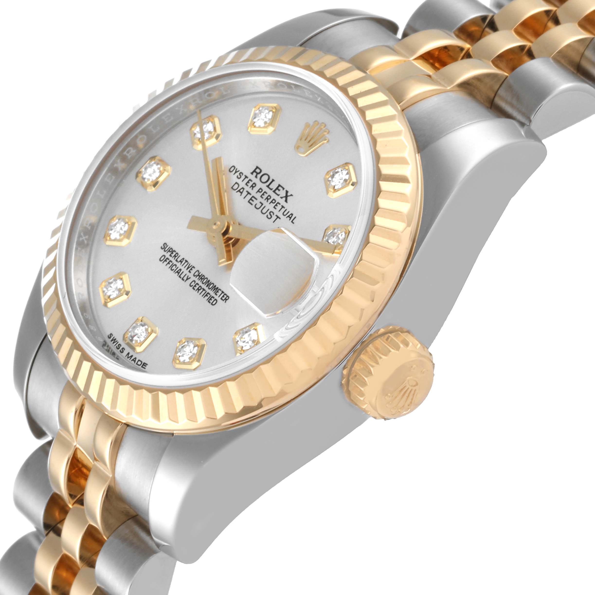 The image shows a Rolex Datejust 179173 Women's Steel and Gold (two tone) Silver Dial 179173 Women's Steel and Gold (two tone) Silver Dial watch at an angle, highlighting the case, dial, bezel, crown, and part of the bracelet.