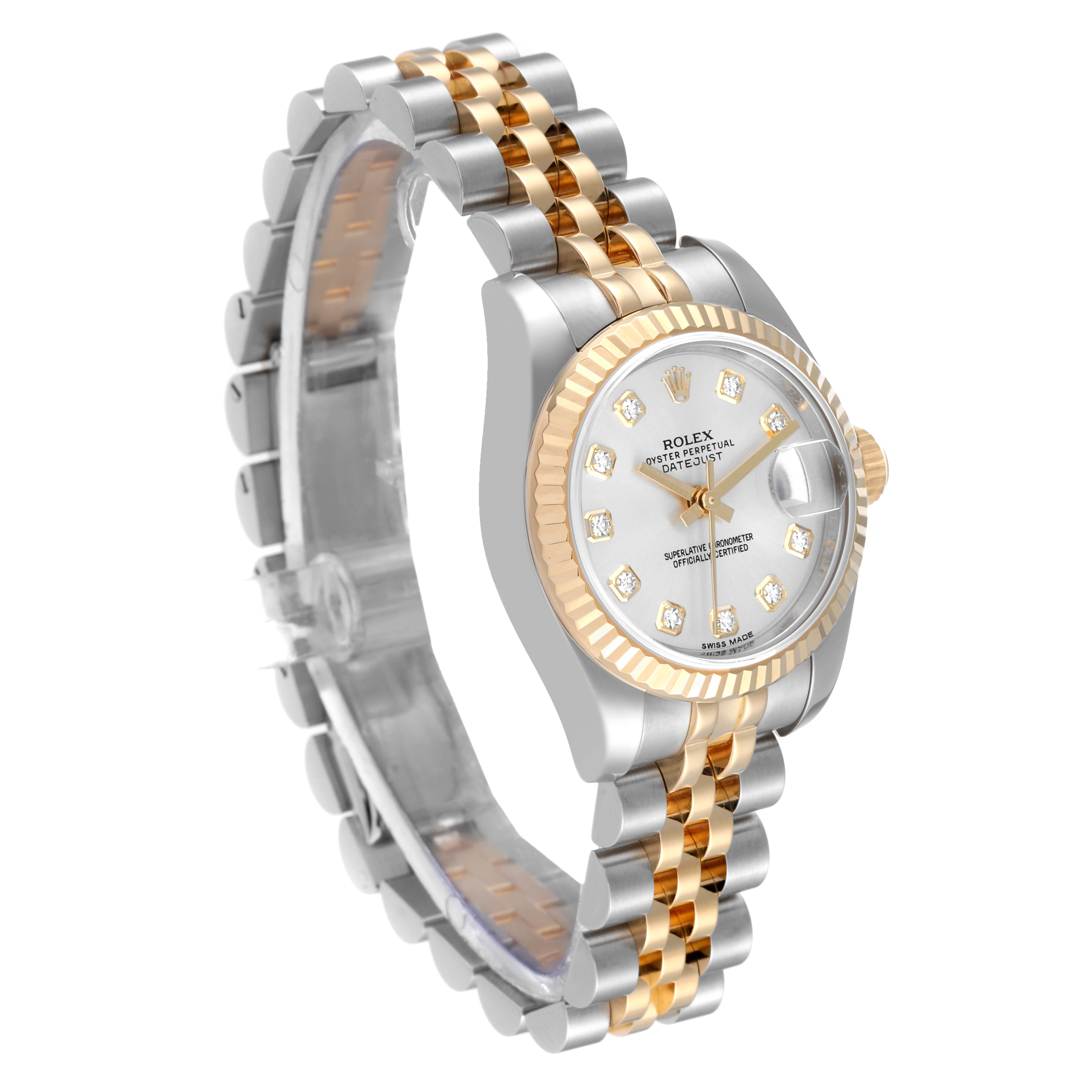 This image shows a three-quarter angle view of a Rolex Datejust 179173 Women's Steel and Gold (two tone) Silver Dial 179173 Women's Steel and Gold (two tone) Silver Dial watch, highlighting its dial, bezel, crown, and jubilee bracelet.