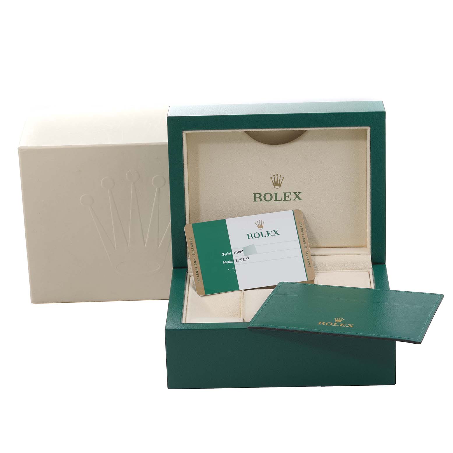 The image shows the packaging, warranty card, and cardholder for a Rolex Datejust 179173 Women's Steel and Gold (two tone) Silver Dial 179173 Women's Steel and Gold (two tone) Silver Dial watch.