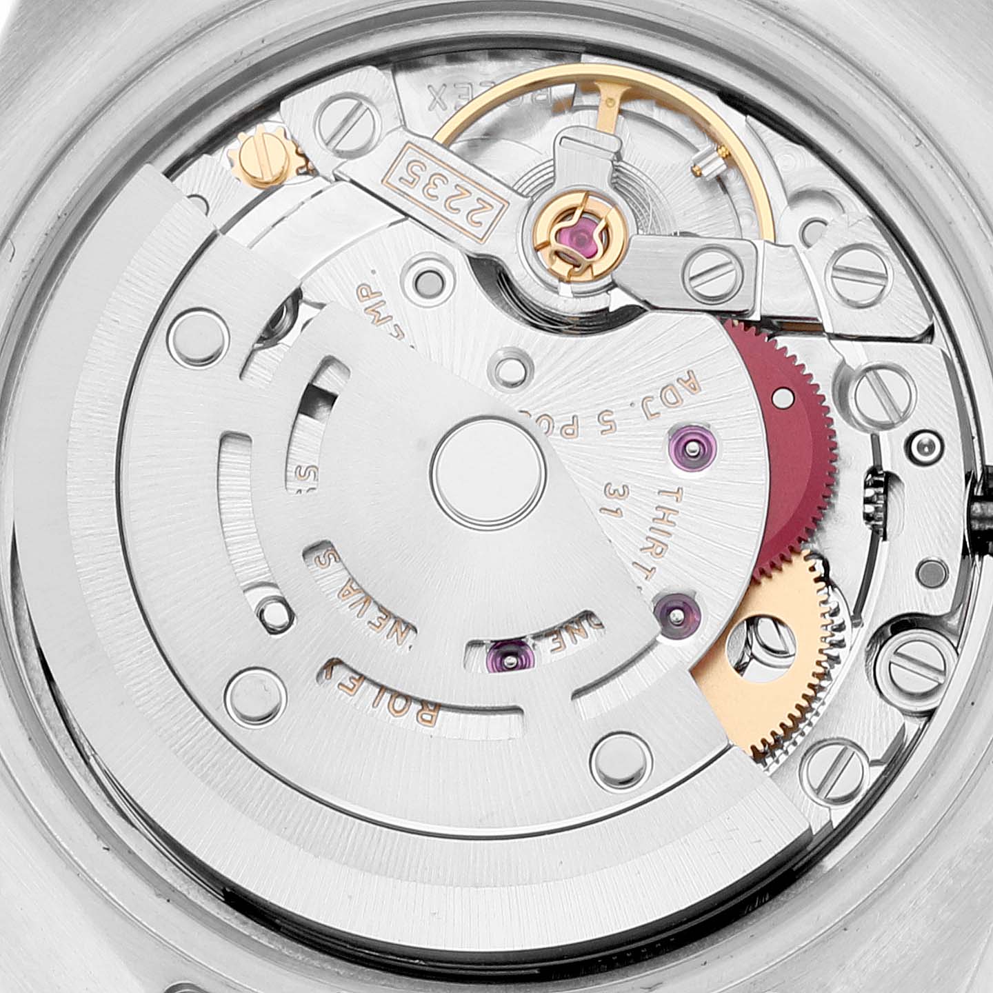The image shows the internal automatic movement mechanism of a Rolex Datejust 179173 Women's Steel and Gold (two tone) Silver Dial 179173 Women's Steel and Gold (two tone) Silver Dial watch viewed from the back.
