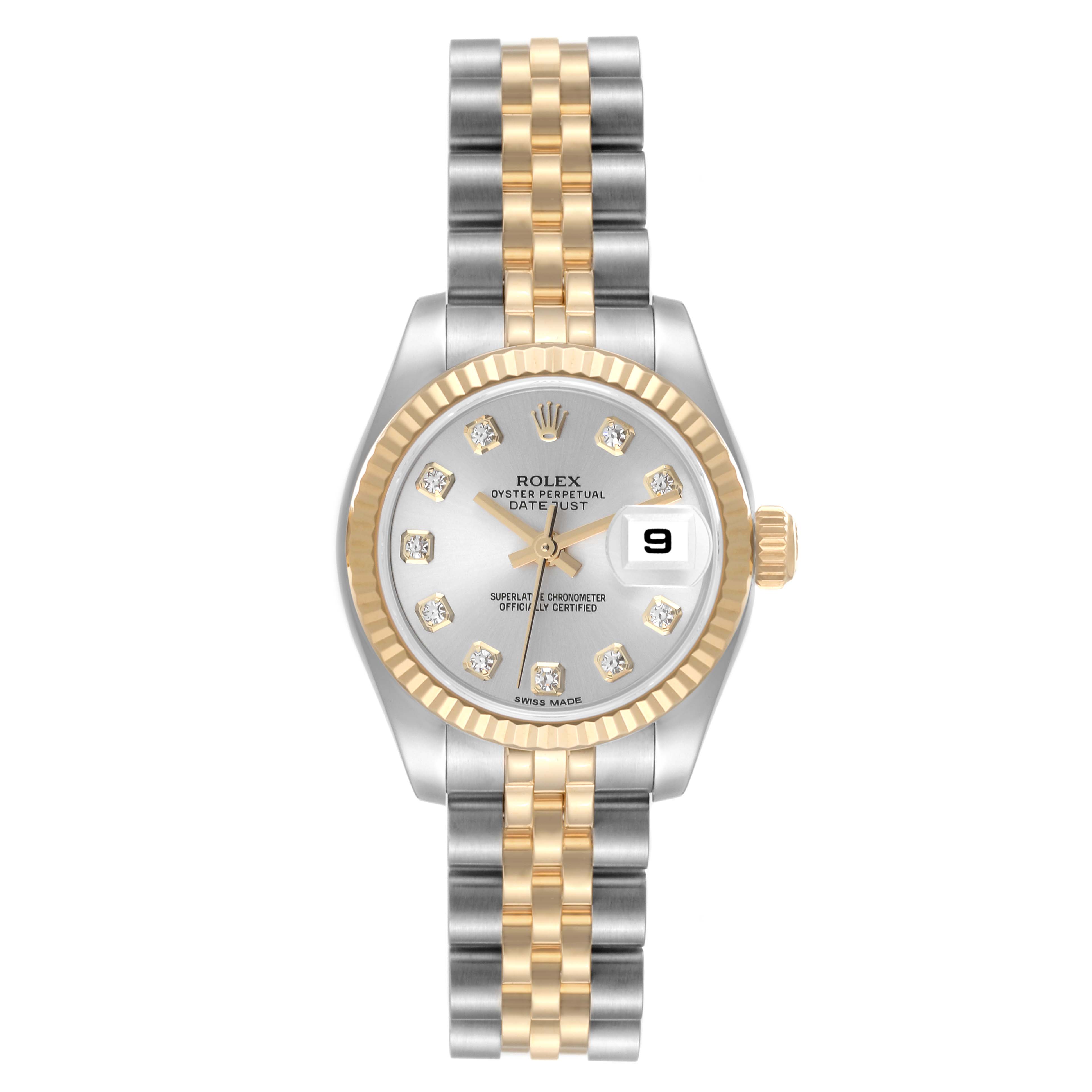 This image shows a front view of a Rolex Datejust 179173 Women's Steel and Gold (two tone) Silver Dial 179173 Women's Steel and Gold (two tone) Silver Dial watch, highlighting its silver and gold Jubilee bracelet, fluted bezel, and diamond hour markers.