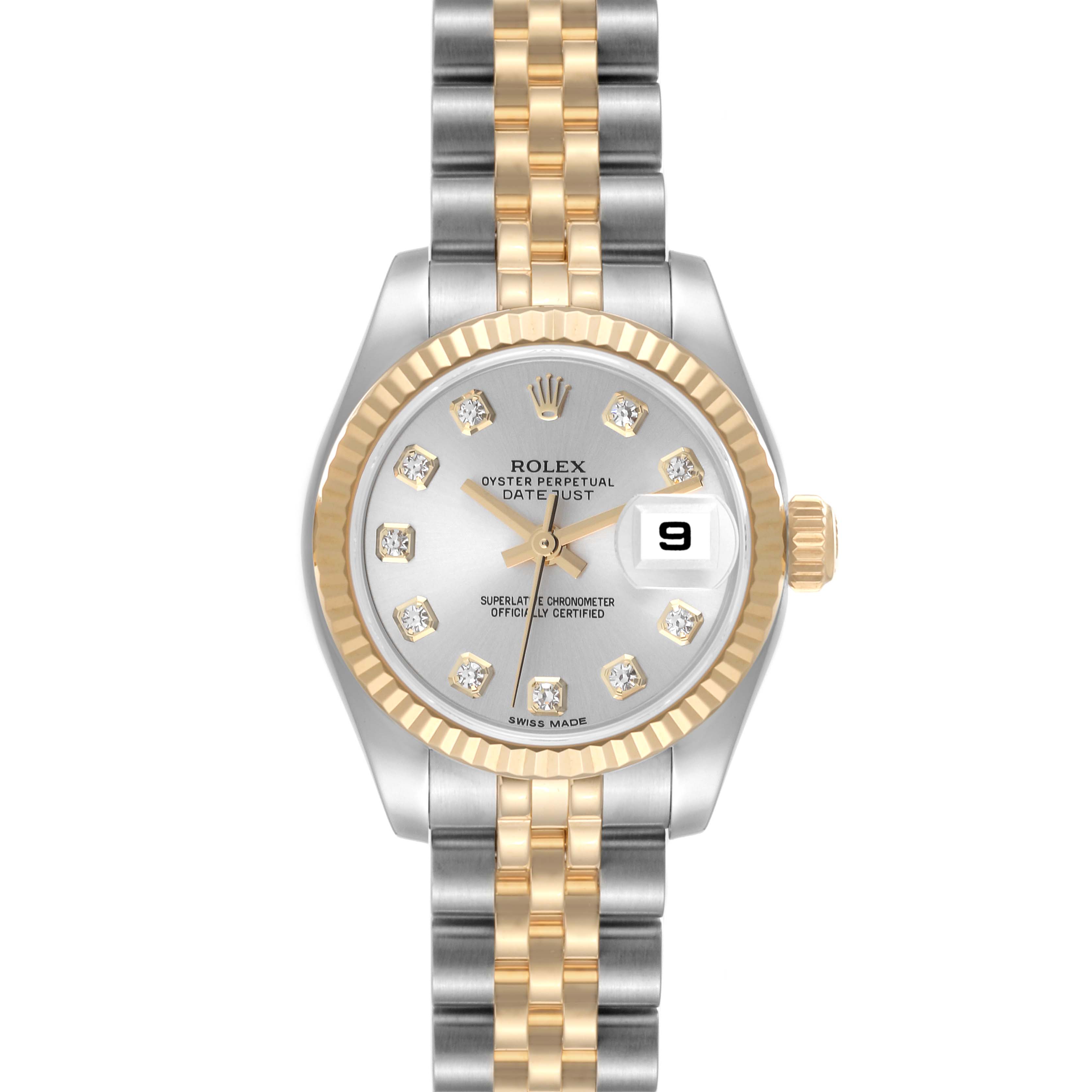 The image shows a front angle of a Rolex Datejust 179173 Women's Steel and Gold (two tone) Silver Dial 179173 Women's Steel and Gold (two tone) Silver Dial watch, highlighting the face, bracelet, bezel, and the date function.